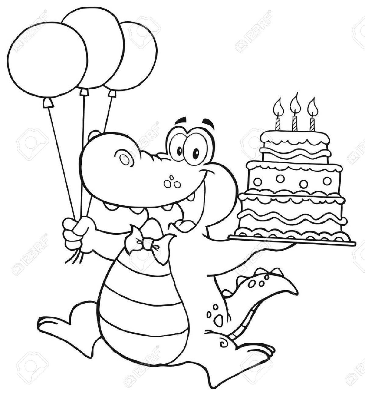 Crocodile Anniversaire Decrit Holding Up Un Gateau D Anniversaire Avec Des Bougies Clip Art Libres De Droits Vecteurs Et Illustration Image