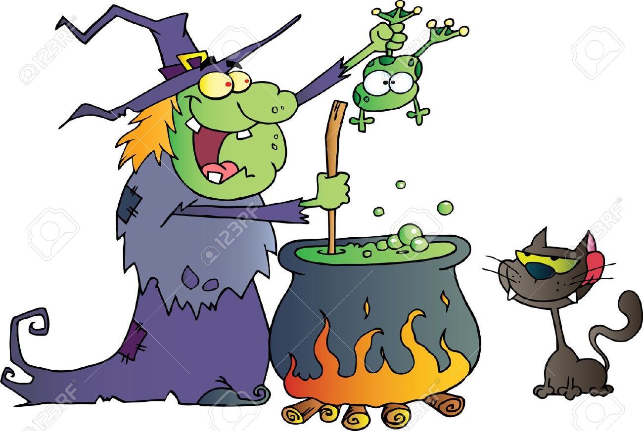 Crazy Witch With Black Cat Holding A Frog And Preparing A Potion - 16446285 Crazy Witch With Black Cat Holding A Frog And Preparing A Potion - 16446285