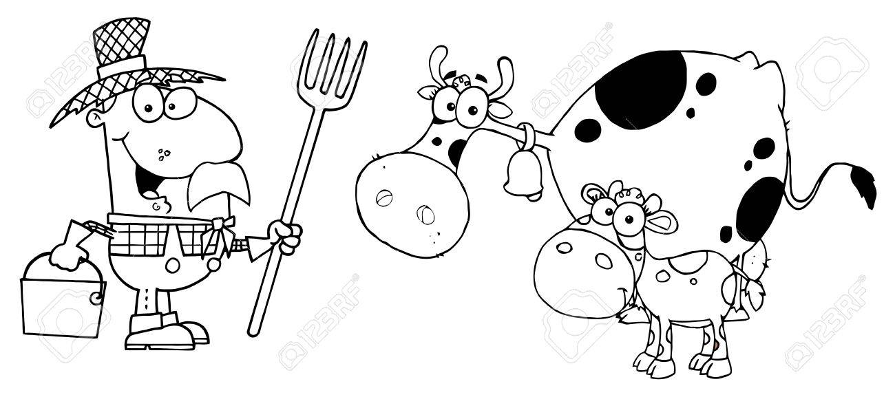彼の牛を傾向がある農夫の概説 のイラスト素材 ベクタ Image