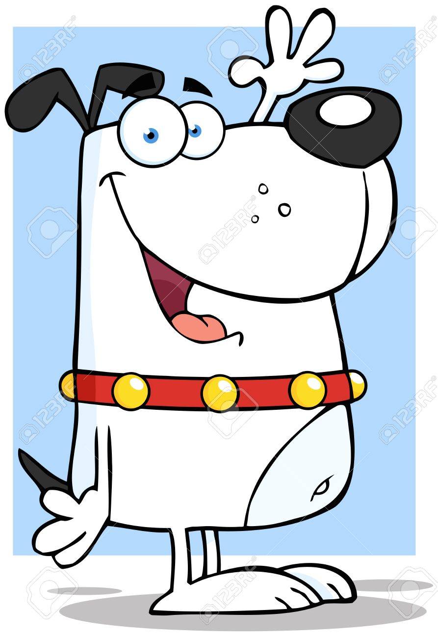 幸せの白い犬漫画のキャラクターが手を振って のイラスト素材 ベクタ Image