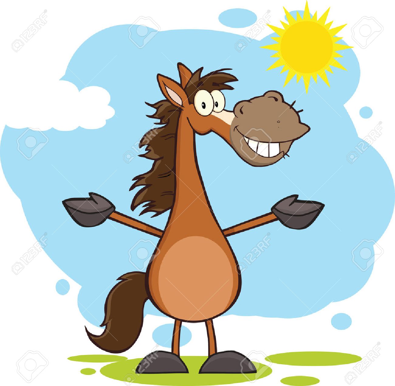 風景を両手を広げて笑顔の馬漫画のマスコット キャラクター のイラスト素材 ベクタ Image