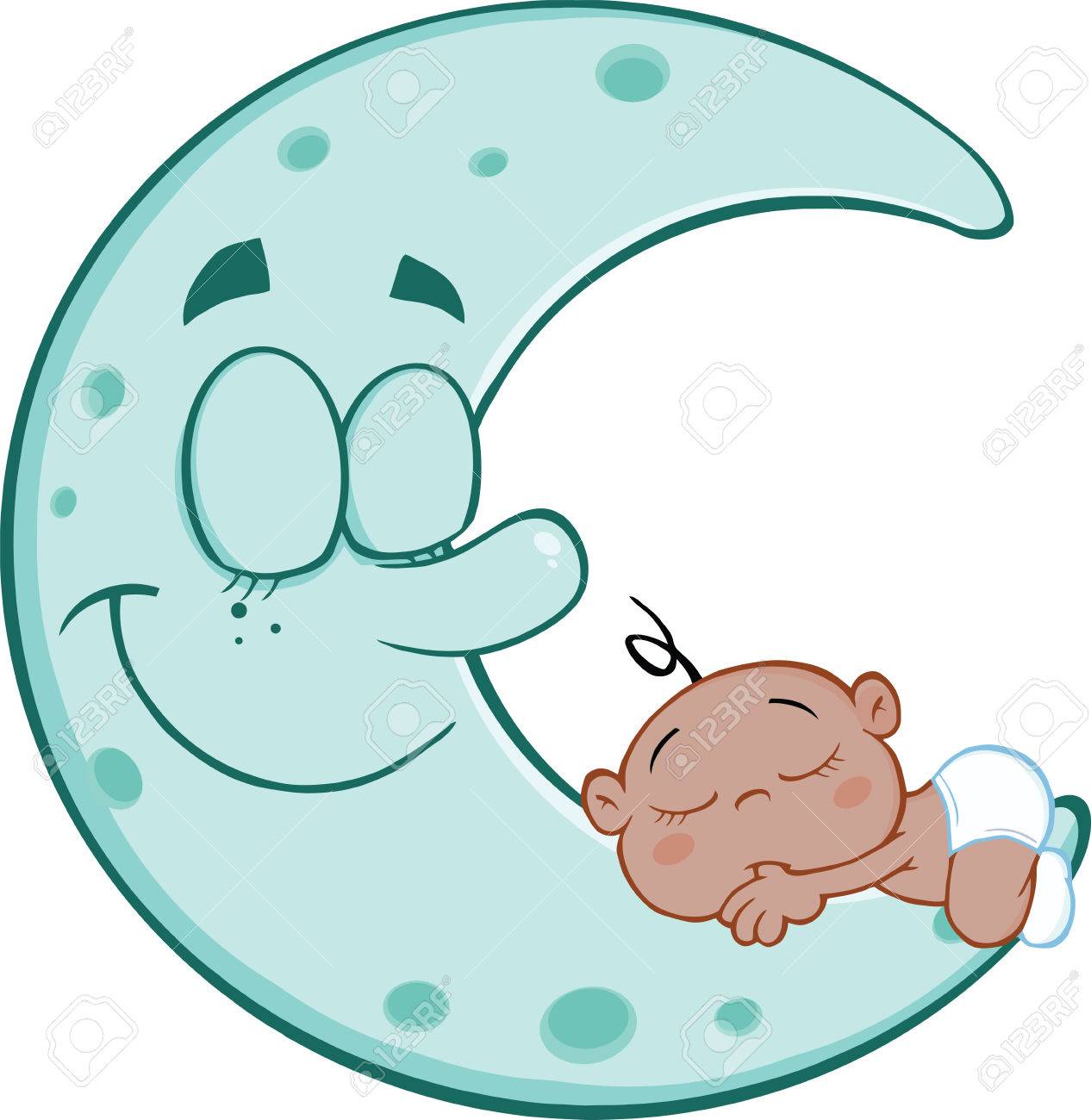 ブルームーンの漫画のキャラクターに眠るかわいいアフリカ系アメリカ人の男の子 のイラスト素材 ベクタ Image