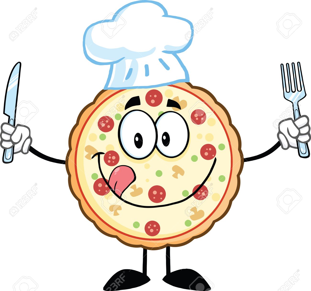 Pizza Chef De Mascotte De Dessin Anime Avec Le Couteau Et La Fourchette Illustration Isole Sur Blanc Clip Art Libres De Droits Vecteurs Et Illustration Image