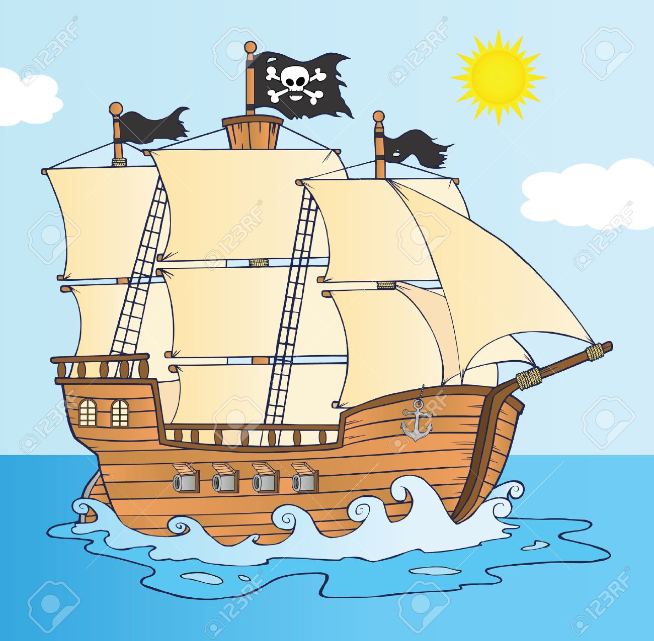 ジョリー Roger の旗の下で海賊船のイラスト素材 ベクタ Image