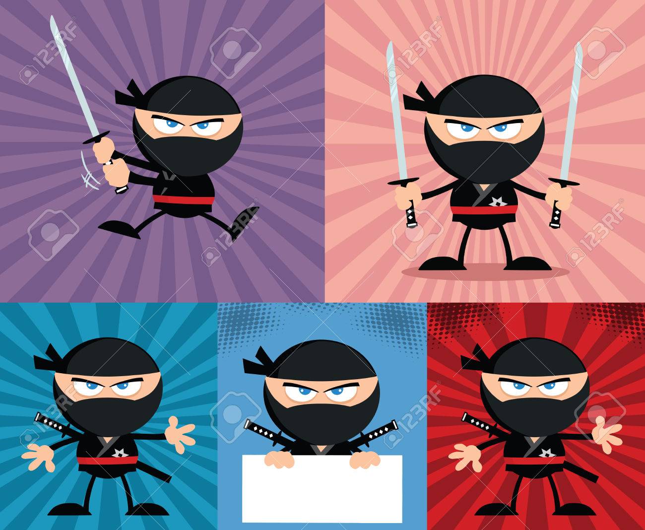 怒っている忍者戦士の漫画のキャラクターの 4 フラット デザイン コレクション セット のイラスト素材 ベクタ Image
