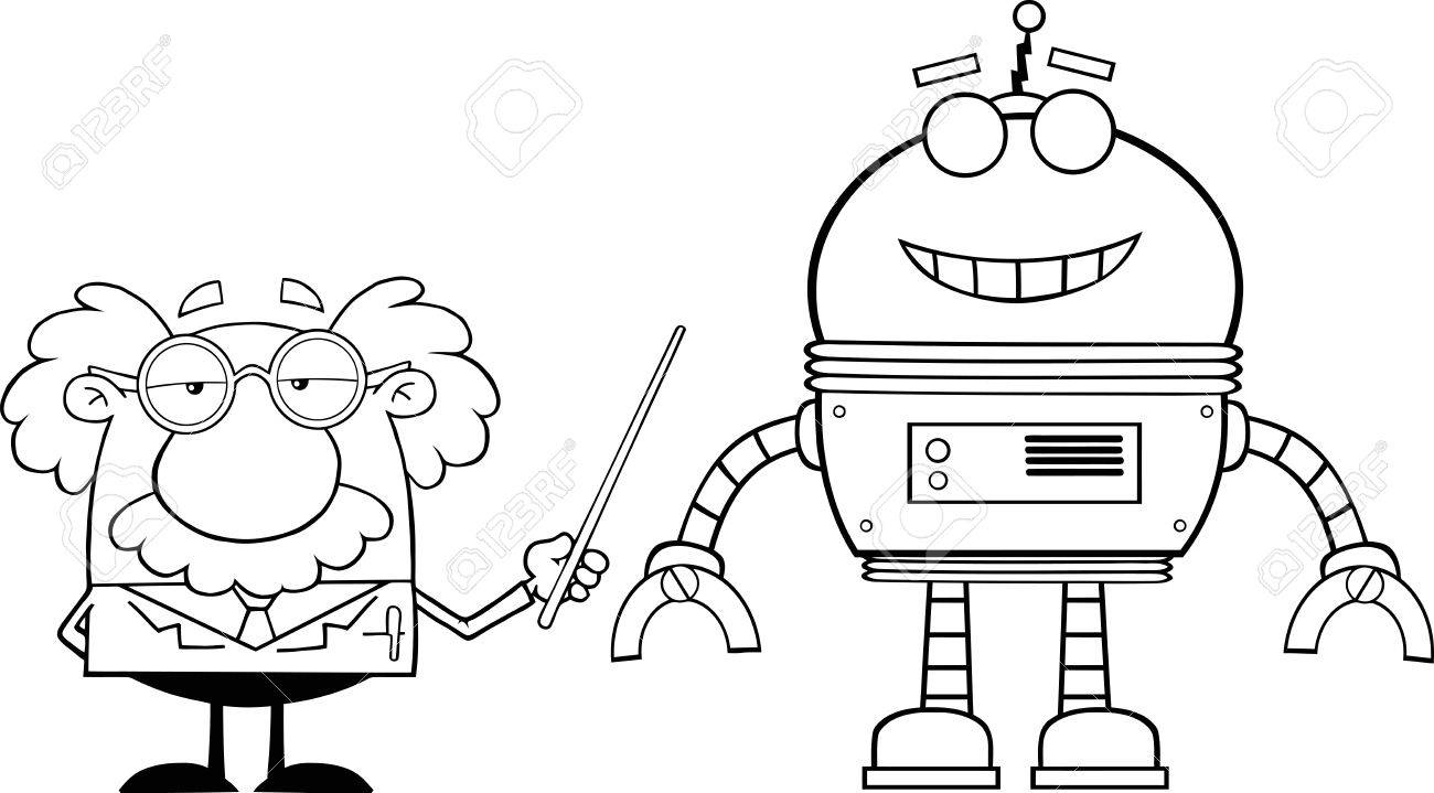 黒と白の科学者や教授を示しています彼ポインター A 大きなロボット イラスト分離白 のイラスト素材 ベクタ Image 黒と白の科学者や教授を示しています彼ポインター A 大きなロボット イラスト分離白 のイラスト素材 ベクタ Image