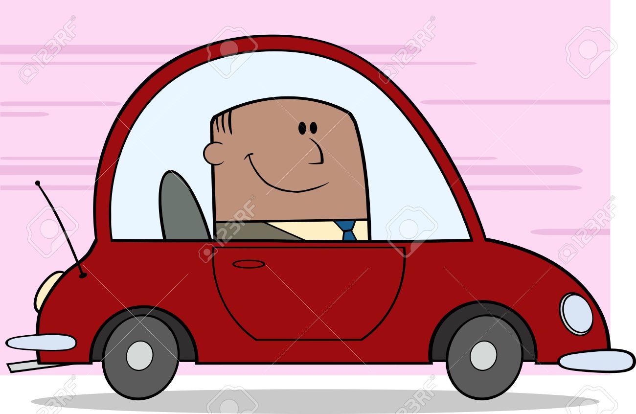 漫画のキャラクターの背景に動作するように車を運転するアフリカ系アメリカ人の実業家 のイラスト素材 ベクタ Image