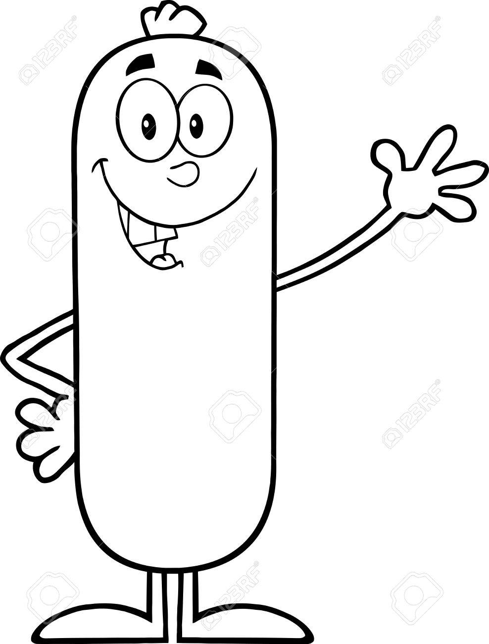 白ソーセージを前後に漫画のキャラクターが手を振っています 白で隔離の図 のイラスト素材 ベクタ Image 36878057