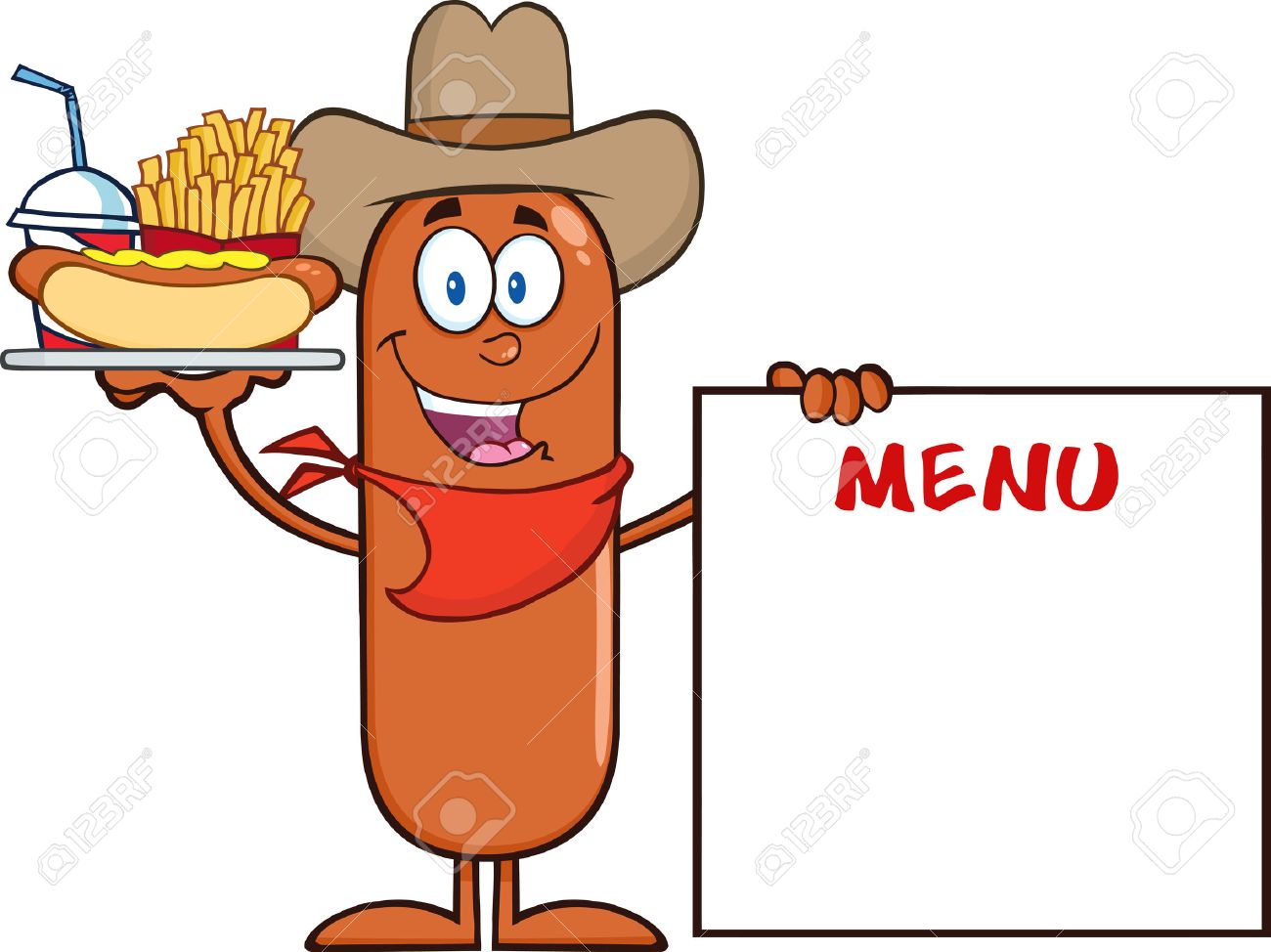 Caractere Cowboy Saucisse Cartoon Porter Un Hot Dog Frites Et Cola Suivant Pour Menu Board Illustration Isole Sur Blanc Clip Art Libres De Droits Vecteurs Et Illustration Image