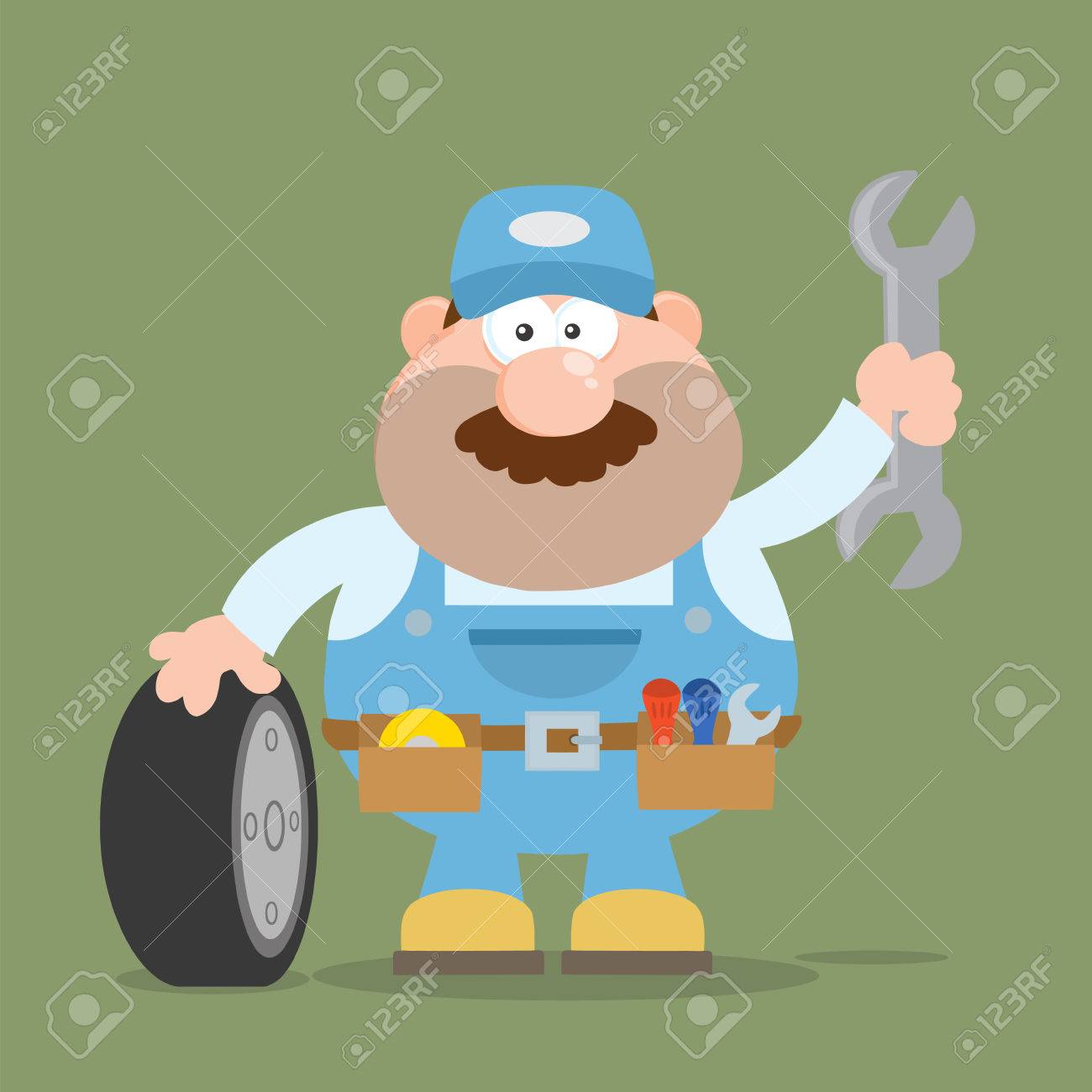 タイヤと巨大なレンチ フラット スタイルのメカニックの漫画のキャラクターの笑みを浮かべてください 背景の図のイラスト素材 ベクタ Image