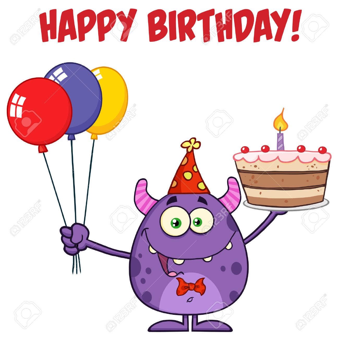 Nettes Monster Halt Eine Bunten Luftballons Und Geburtstagstorte Lizenzfreie Fotos Bilder Und Stock Fotografie Image