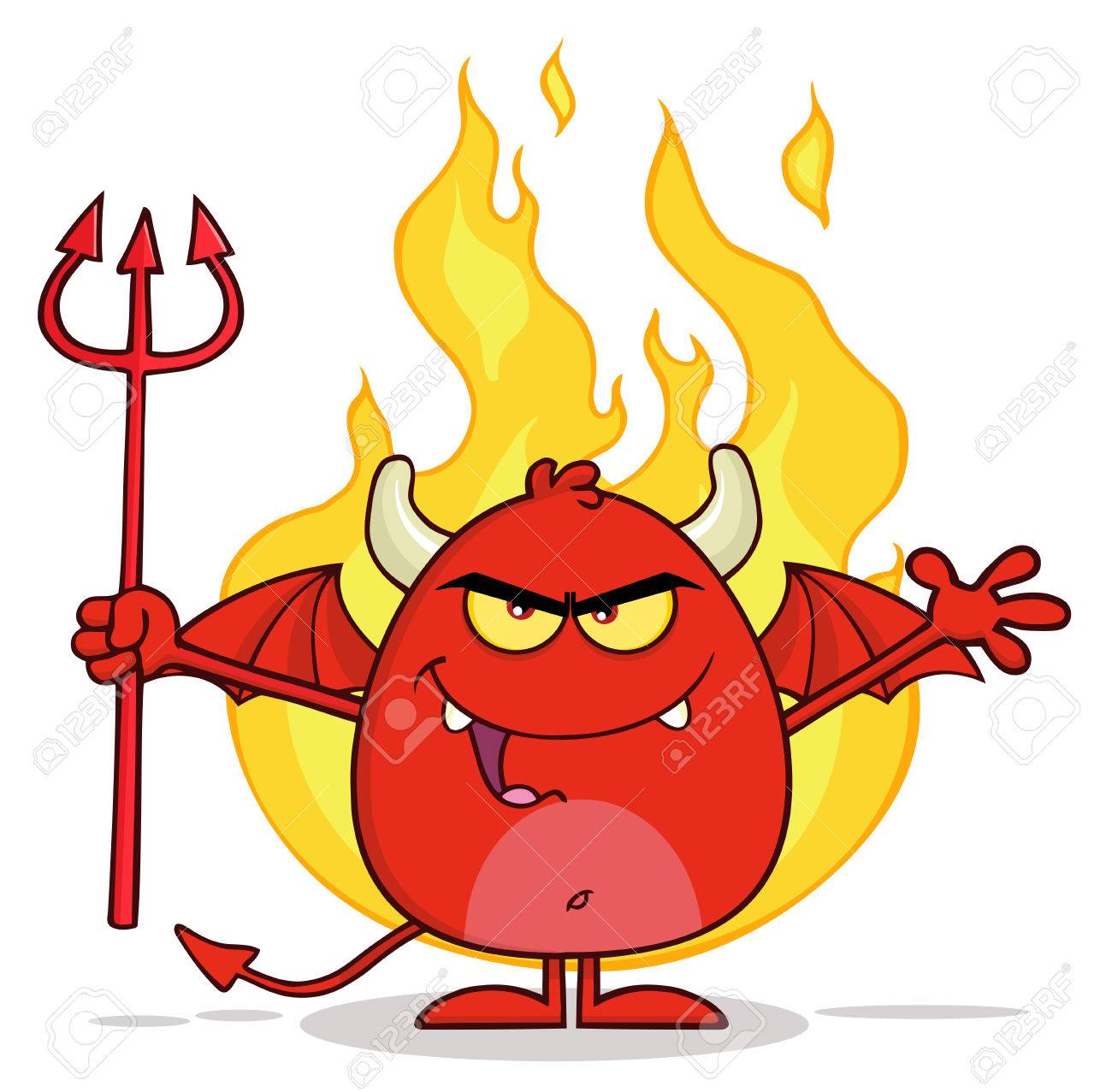 Angry Red Devil Character Holding A Pitchfork Over Flames - 46997162 Angry Red Devil Character Holding A Pitchfork Over Flames - 46997162