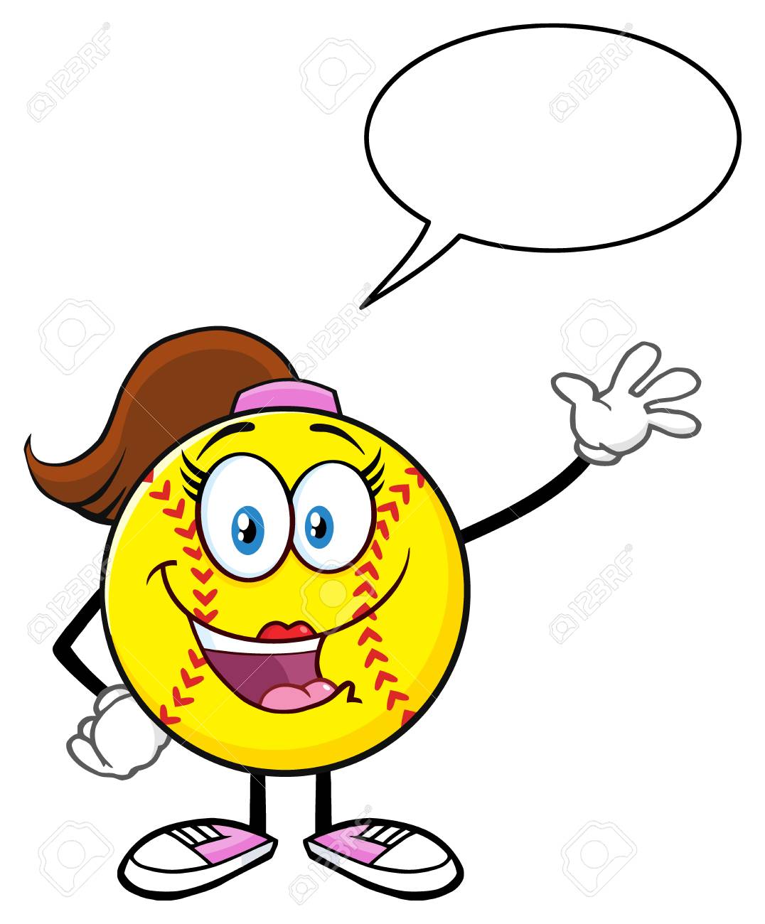 吹き出しと挨拶を振ってかわいいソフトボール少女漫画のキャラクター の写真素材 画像素材 Image