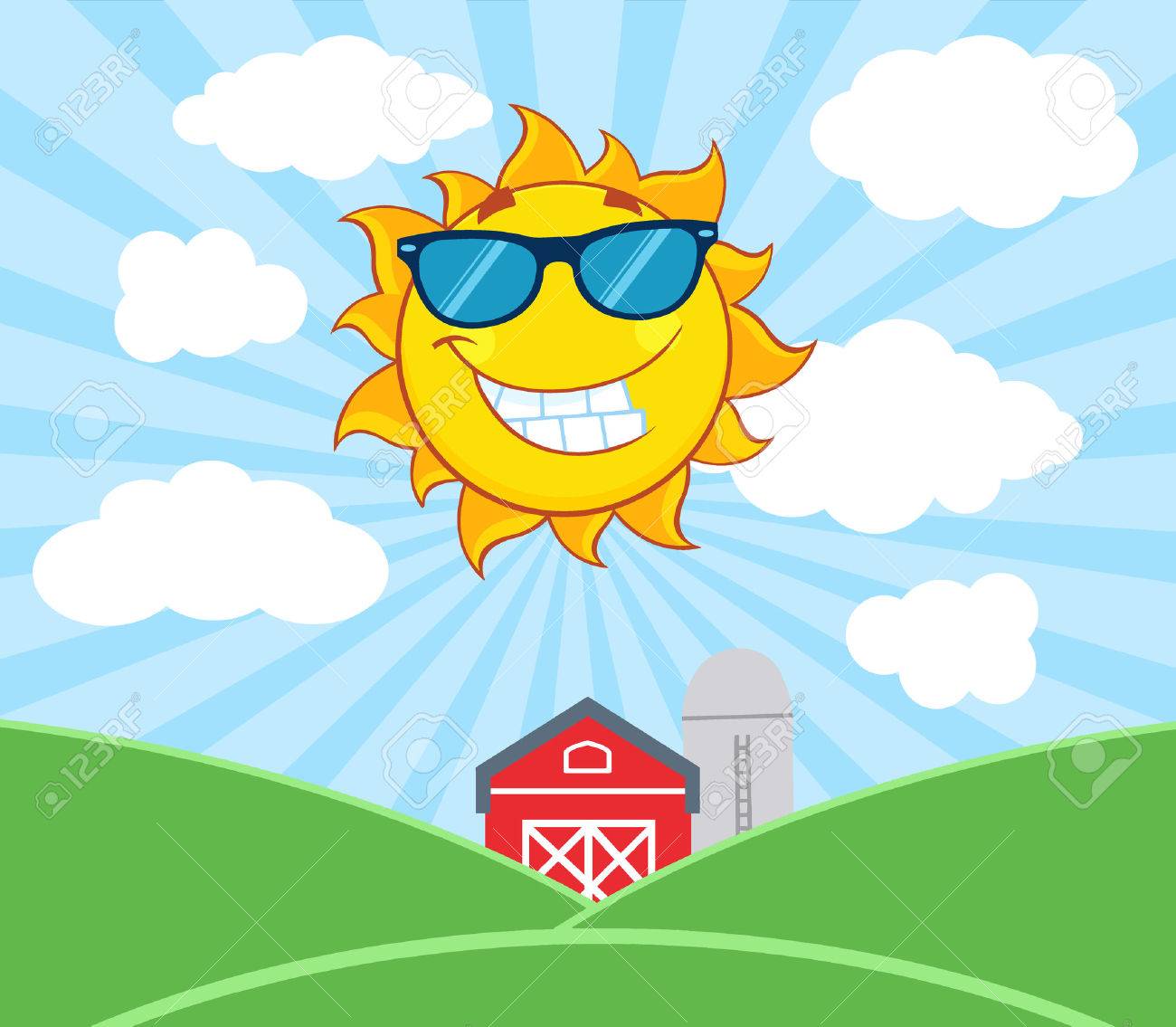 smiling sun mascot cartoon character with sunglasses illustration barn illustrationer