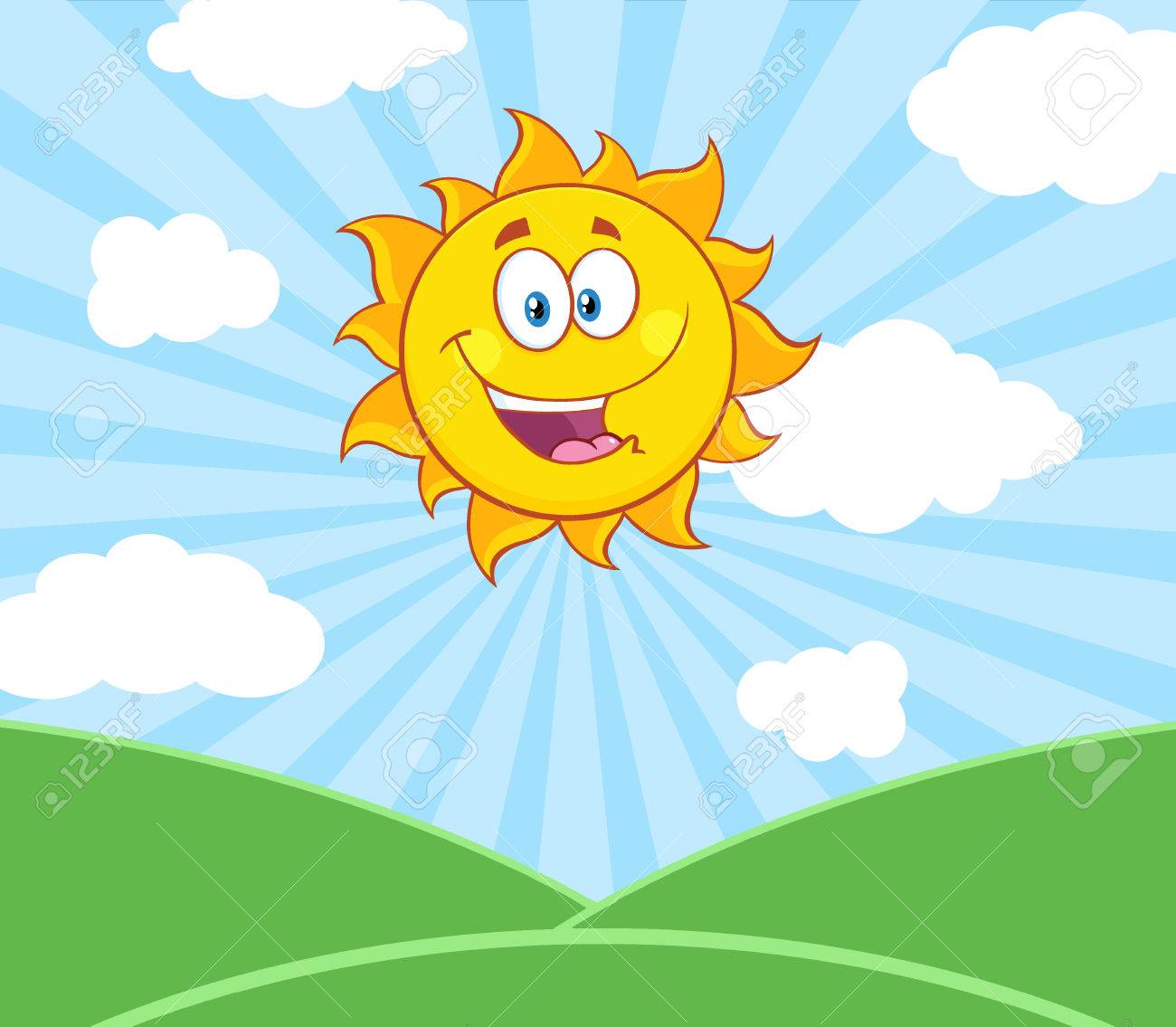 Sunshine Happy Sun Mascot Cartoon Character Over Landscape. Illustration  With Sunburst Background Stock Photo, Picture and Royalty Free Image. Image  60247445., image size:1300x1135