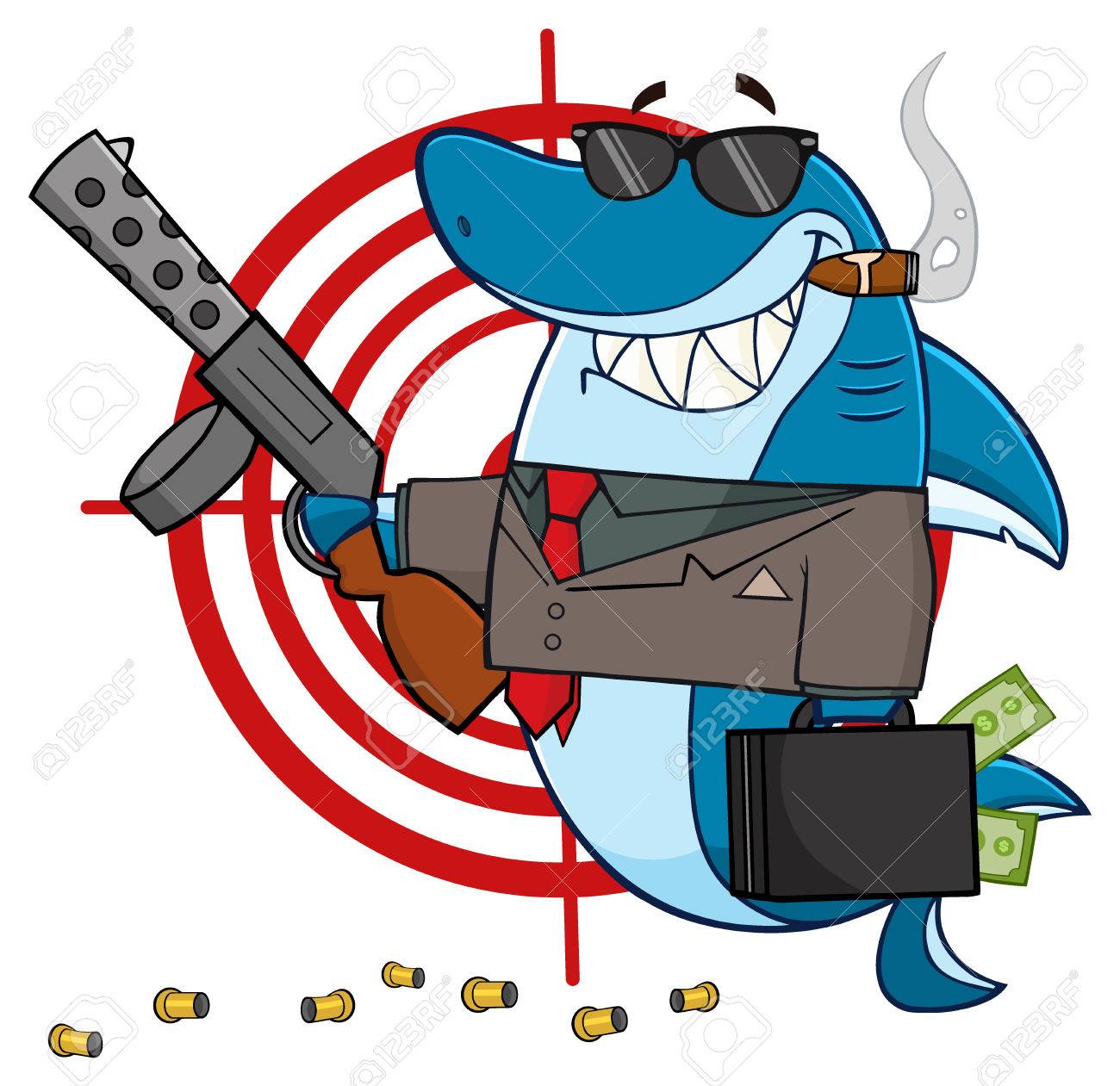 smiling shark mobster cartoon mascot character carrying a briefcase