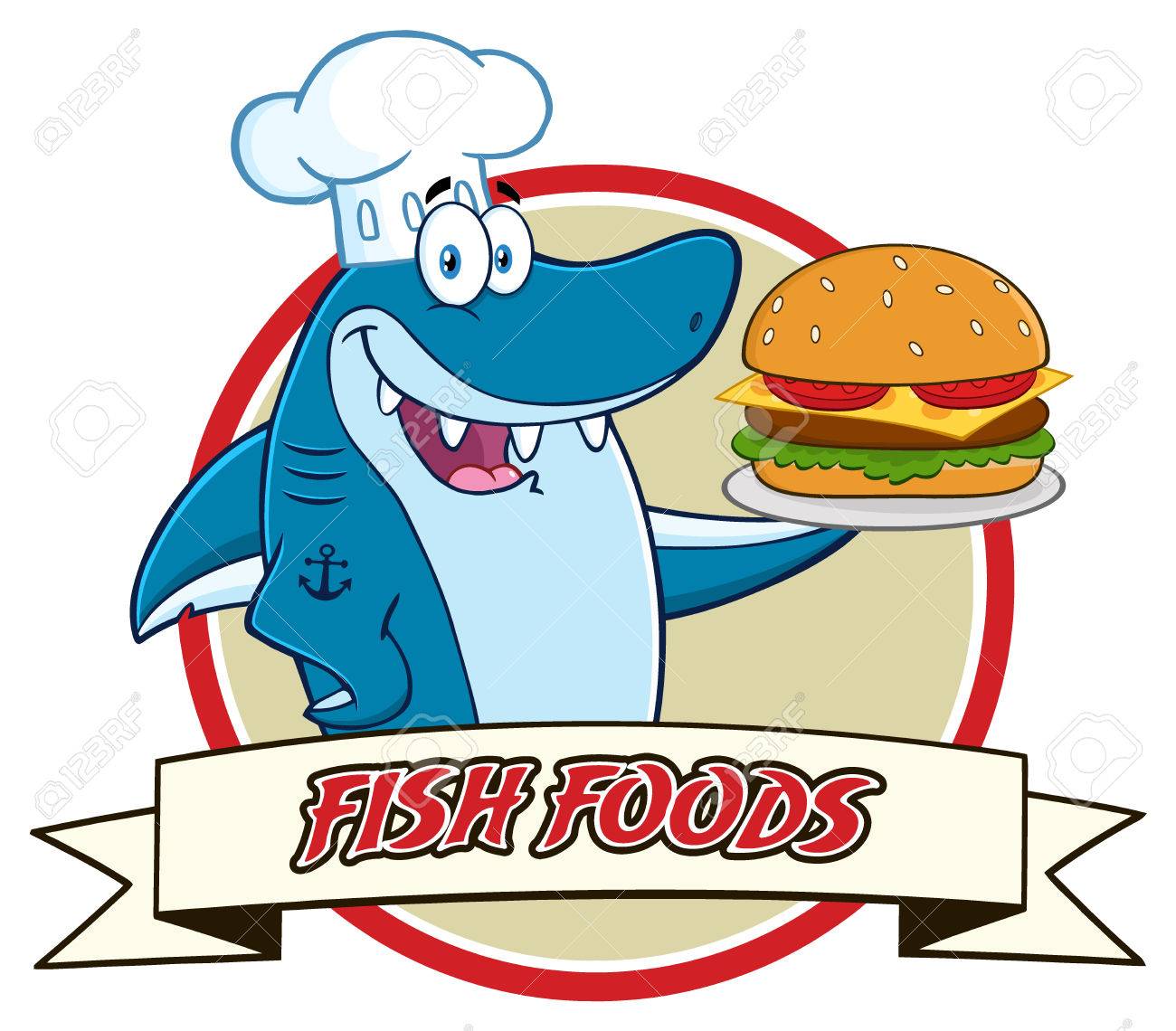 シェフ青鮫の漫画のキャラクター リボン バナー上大きなハンバーガーを保持しています テキストの魚料理と白い背景で隔離の図 の写真素材 画像素材 Image シェフ青鮫の漫画のキャラクター リボン バナー上大きなハンバーガーを保持しています テキストの魚料理と白い背景で隔離の図 の写真素材 画像素材 Image