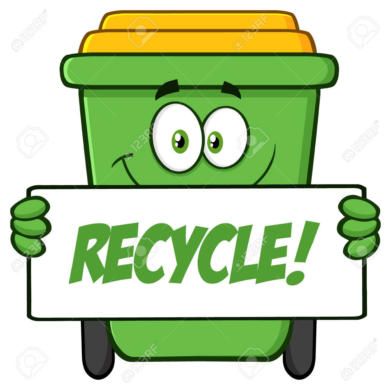 smiling green recycle bin cartoon mascot character holding a stock