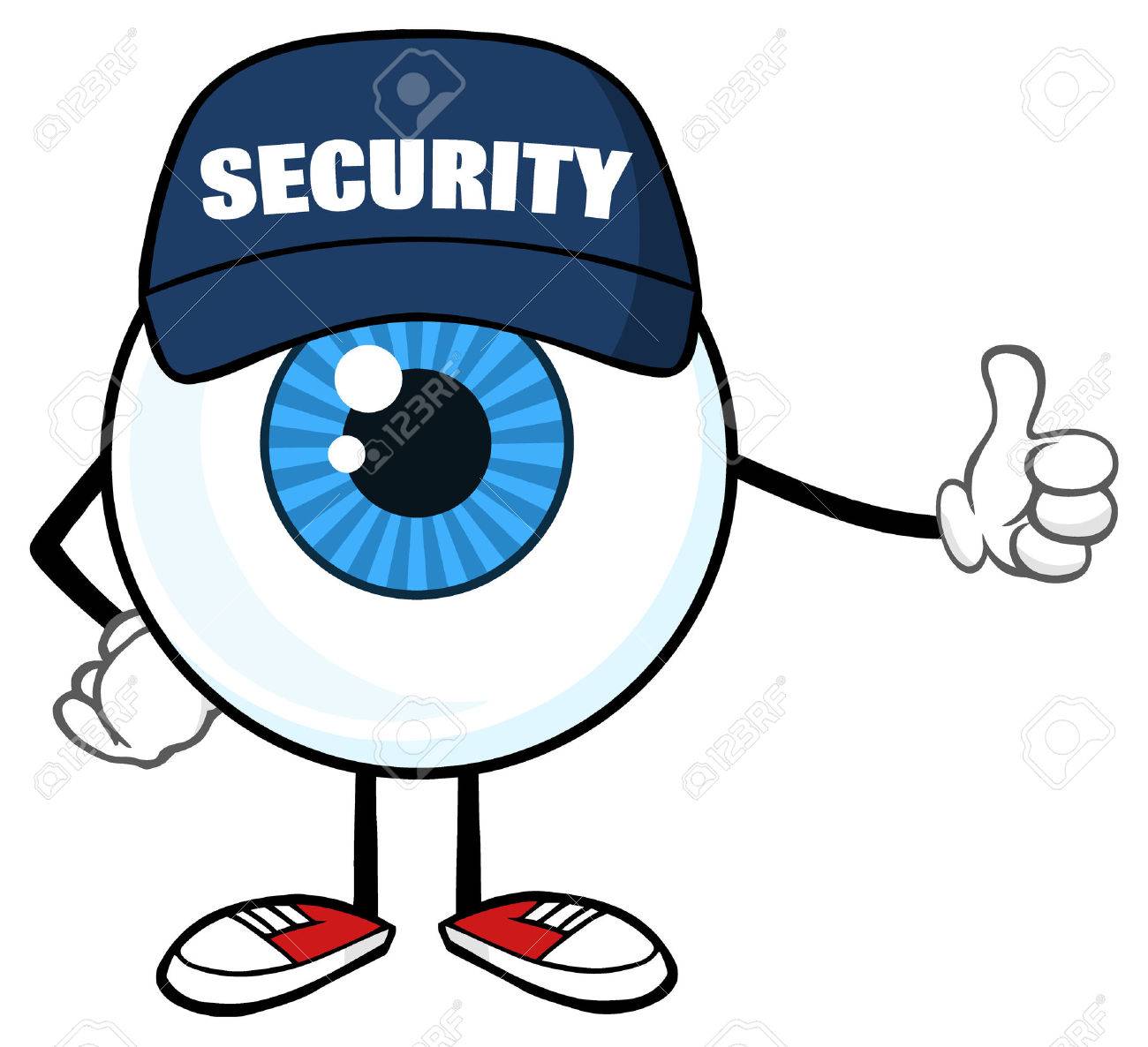 blue eyeball cartoon mascot character security guard giving a thumb
