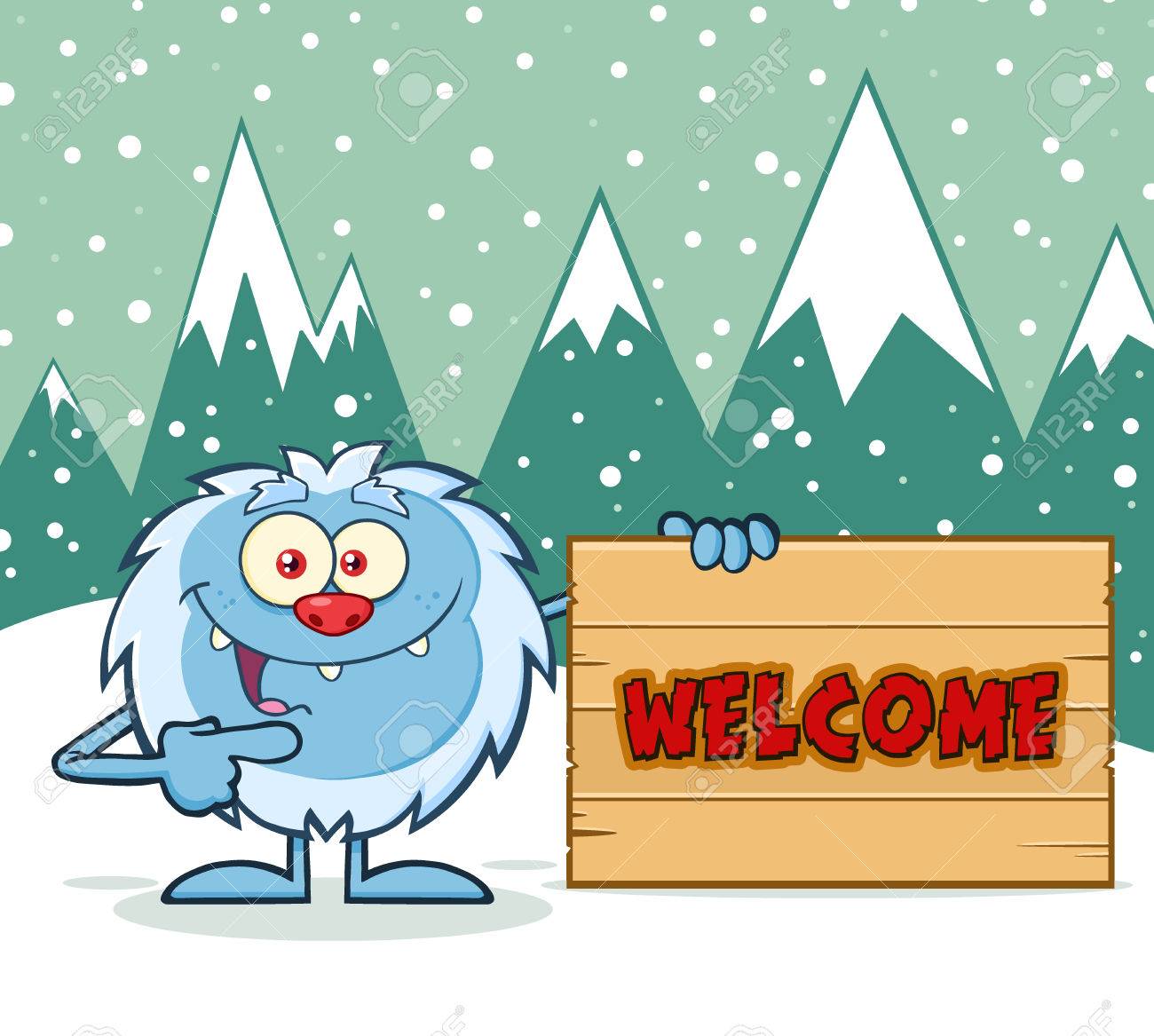 かわいいイエティ漫画マスコット キャラクター木製看板を指しています 冬の背景の図 の写真素材 画像素材 Image
