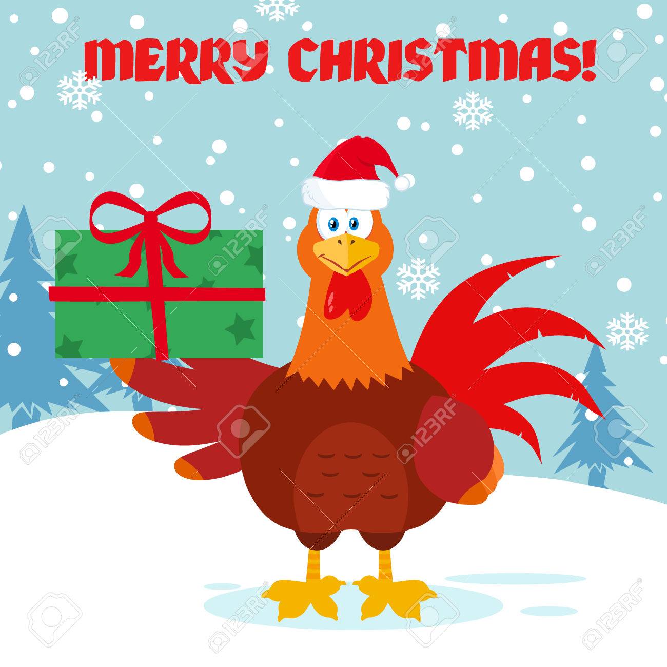 Personnage Mignon De Mascotte De Dessin Animé Doiseau De Coq Rouge Avec Le Chapeau De Santa Tenant Des Cadeaux Illustration Design Plat Avec Fond De