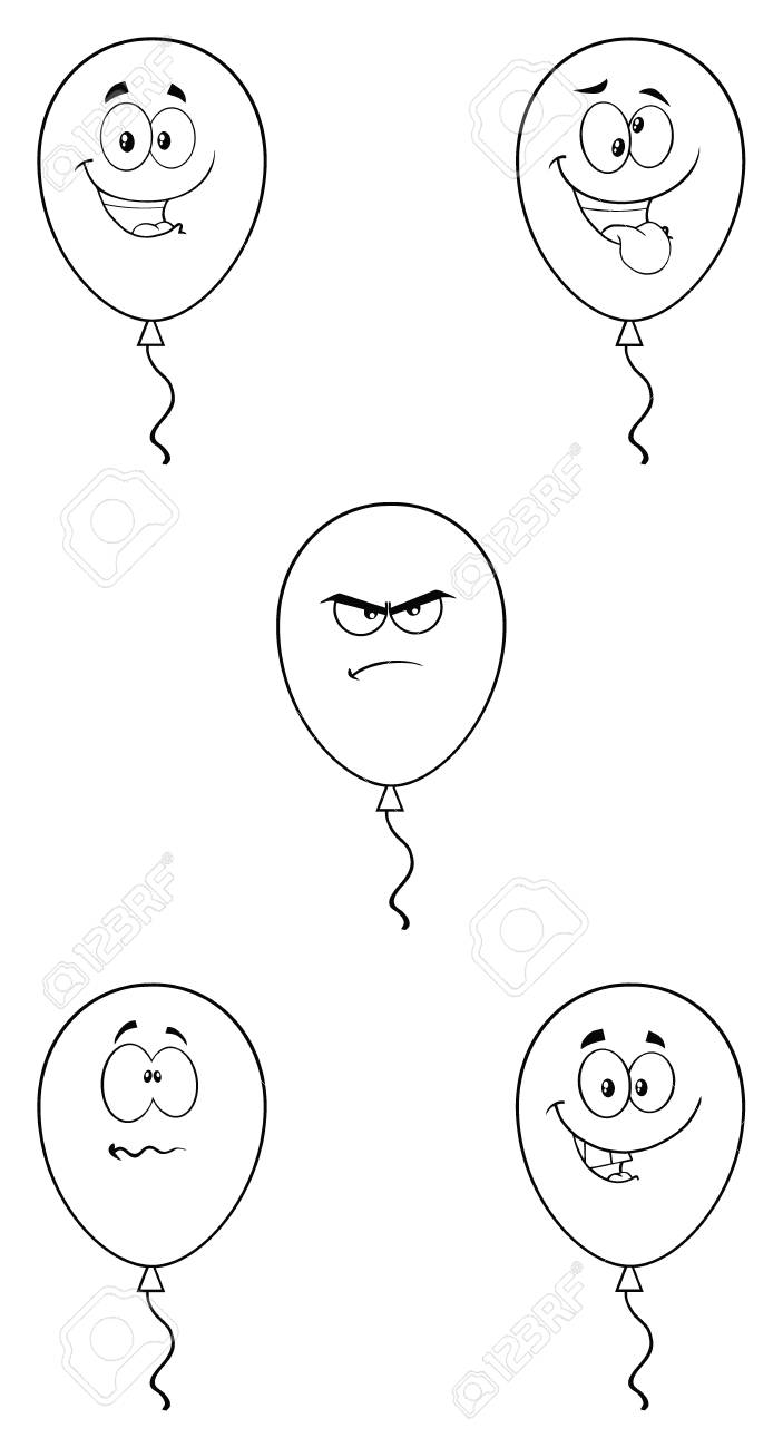 黒と白の風船漫画マスコット キャラクター コレクション 02 白い背景で隔離のセット の写真素材 画像素材 Image