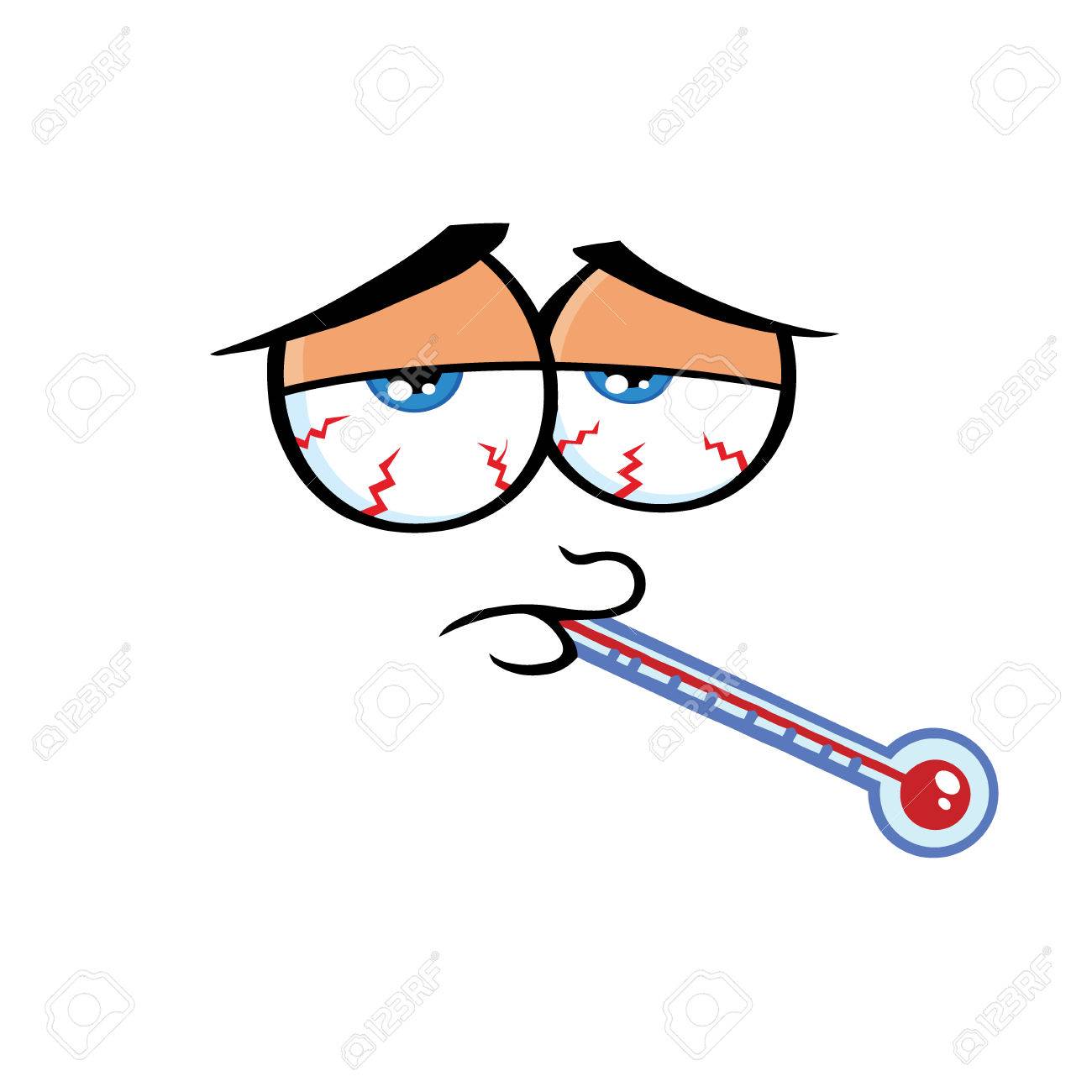 Sick Cartoon Funny Face With Tired Expression And Thermometer. Illustration  Isolated On White Background Stock Photo, Picture and Royalty Free Image.  Image 74781553.