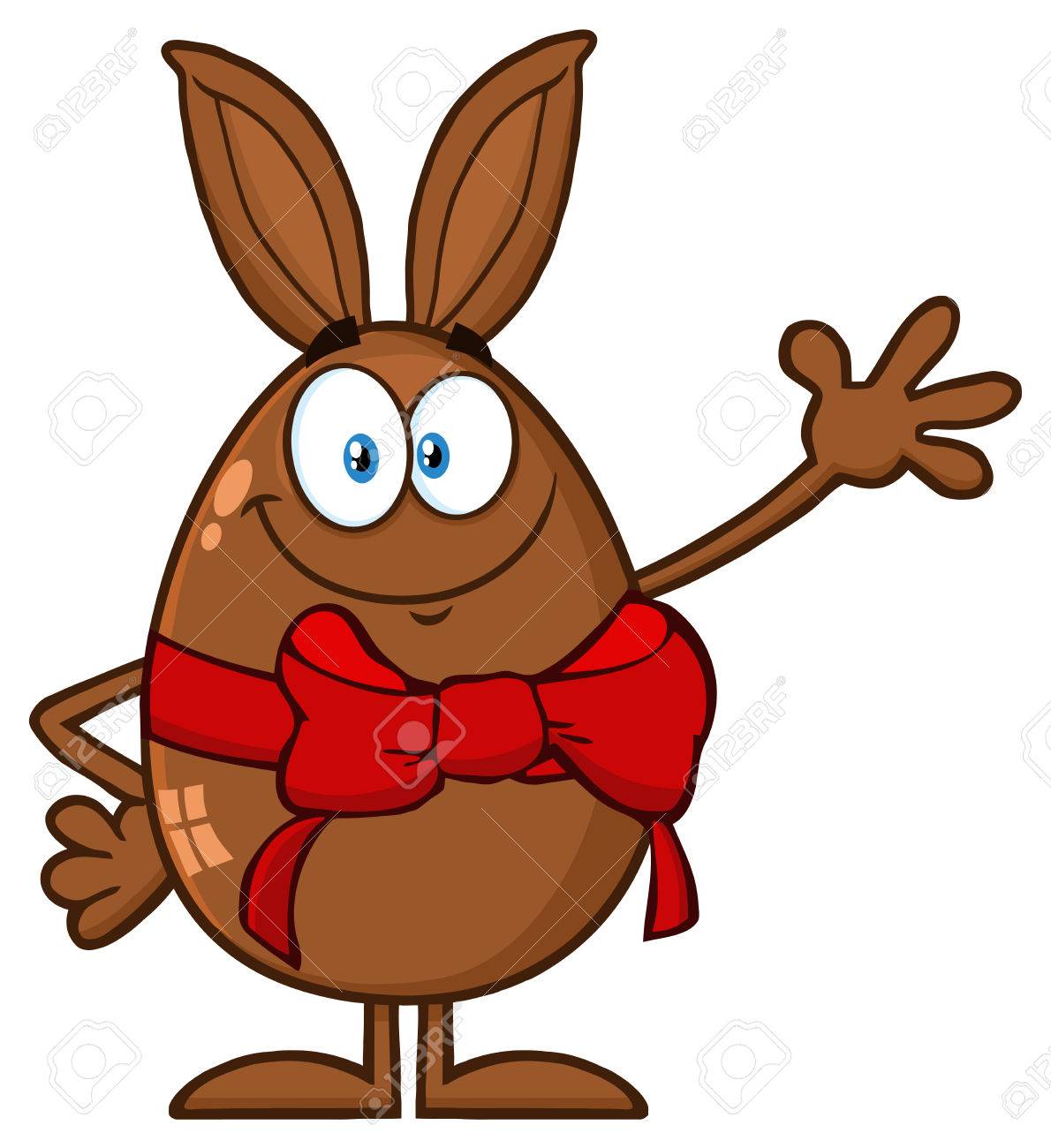 ウサギの耳と赤いリボンを振って挨拶のチョコレートの卵漫画マスコット キャラクターを笑っています 白い背景で隔離の図 の写真素材 画像素材 Image