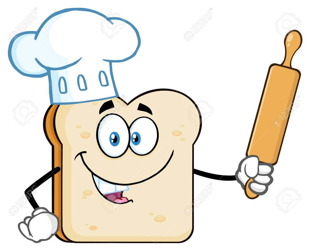 Baker Bread Slice Carater Da Mascote Dos Desenhos Animados Com O Chapeu Do Cozinheiro Chefe Que Prende Um Pino Do Rolo Ilustracao Isolado No Fundo Branco Fotos Retratos Imagenes Y Fotografia De