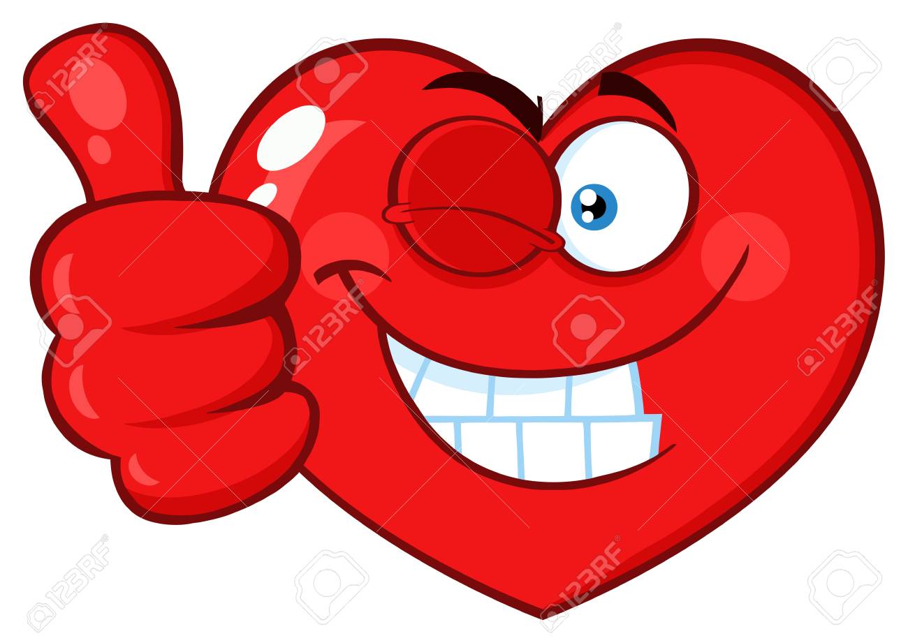 Red Heart Cartoon Emoji Face Character Winking And Giving A Thumb Up.  Vector Illustration Isolated On White Background Stock Photo, Picture and  Royalty Free Image. Image 97140152., image size:1300x921