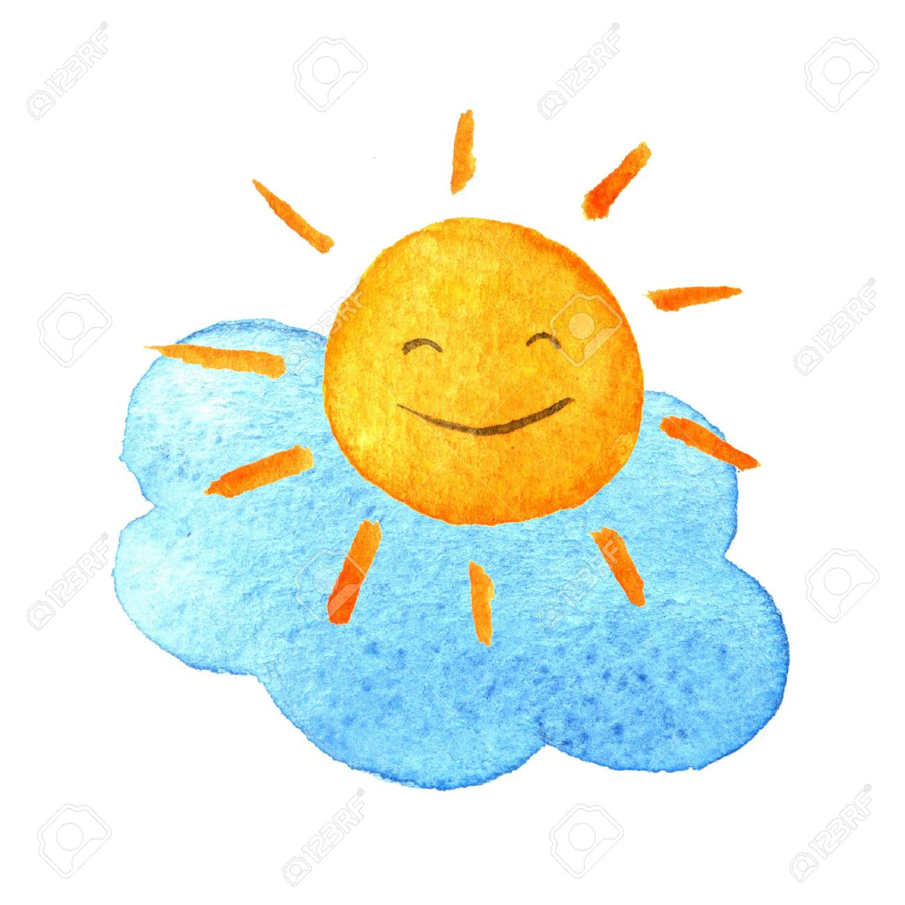 かわいい漫画雲と太陽 手描き水彩イラストかわいい笑顔太陽と雲 水の色には イラストが描かれています 白い背景に分離 の写真素材 画像素材 Image