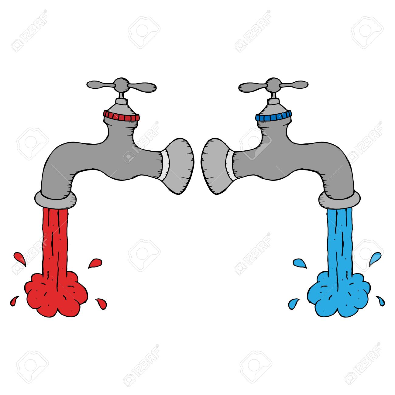 Cold and hot running water. Watering from under. кран синий и красный вода. душ вытекла вода. душ крупным планом.