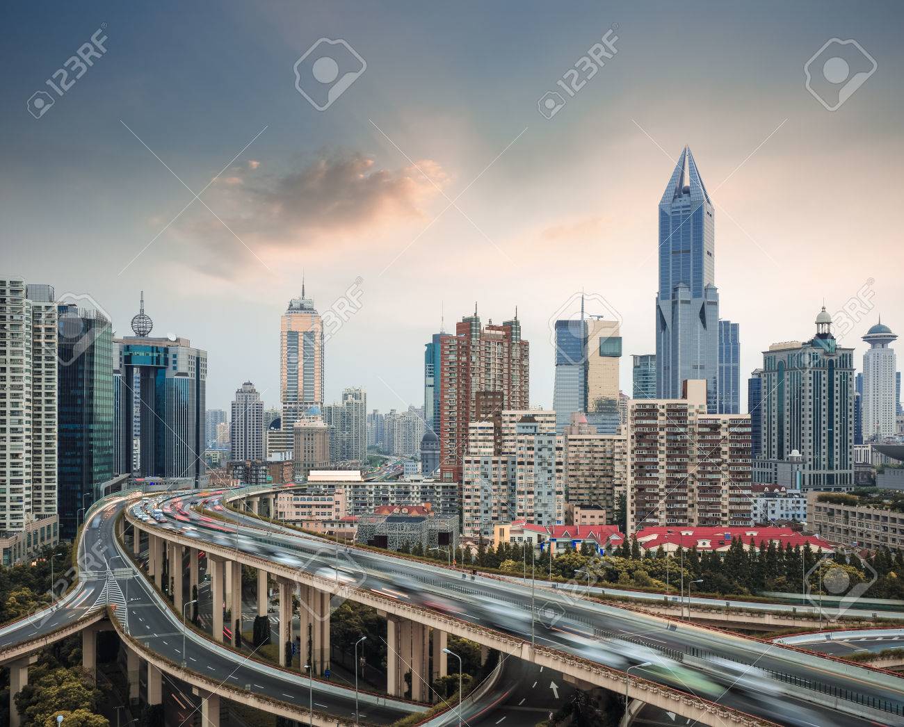 Modern City Skyline With Elevated Road Junction And Interchange Stock Photo Picture And Royalty Free Image Image 24436866