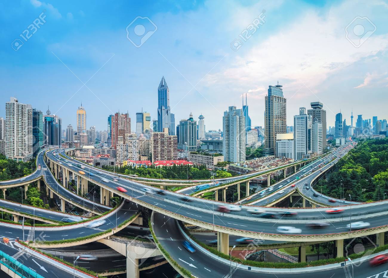 panoramic view of city elevated road junction at dusk in shanghai - 28390696 panoramic view of city elevated road junction at dusk in shanghai - 28390696