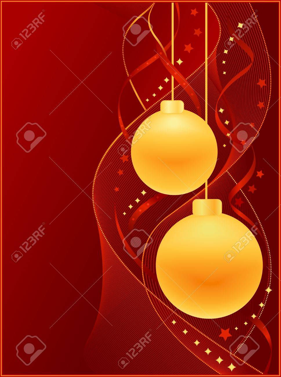 vertical red christmas card with golden christmas baubles royalty red christmas card