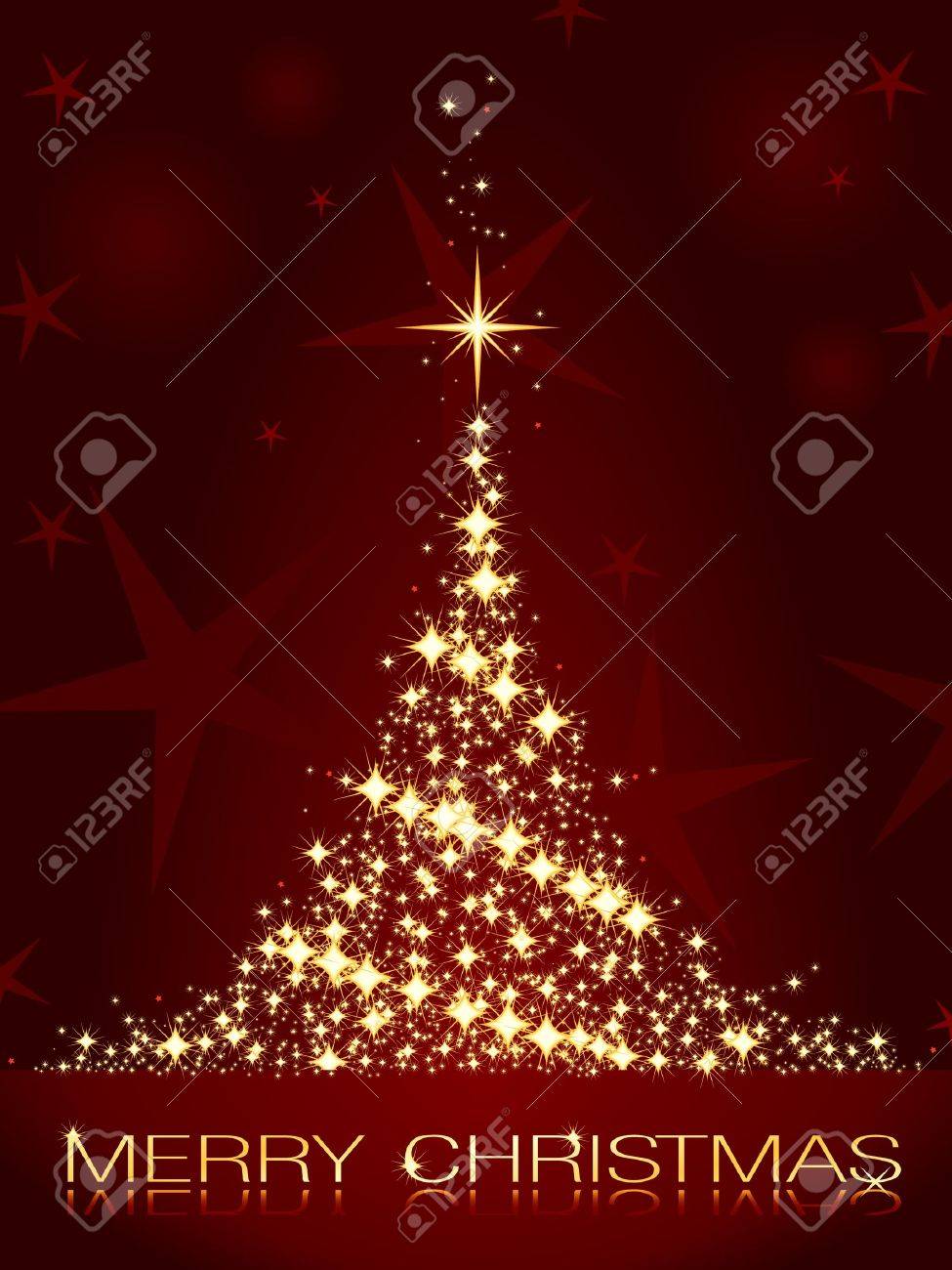 golden stars forming a glistening christmas tree on dark red christmas tree red background