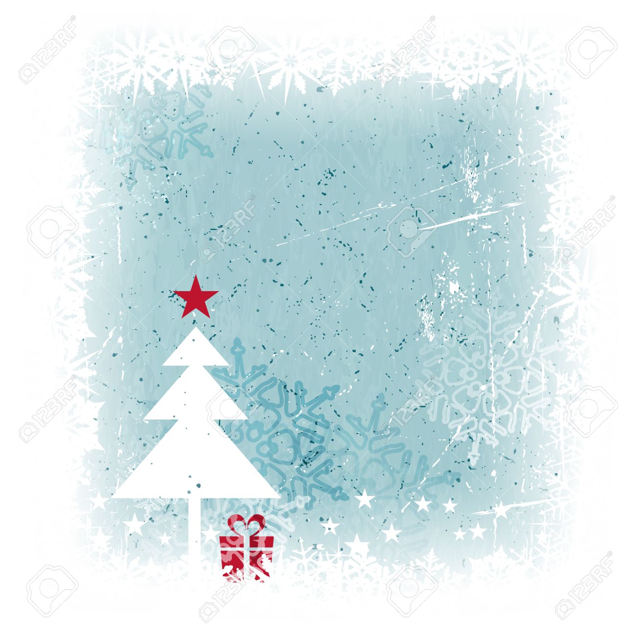 汚れたと冷ややかな青いクリスマス カード傷 汚れ フォア グラウンドに存在し トップ スターの背景とシンプルなクリスマス ツリー雪 のイラスト素材 ベクタ Image