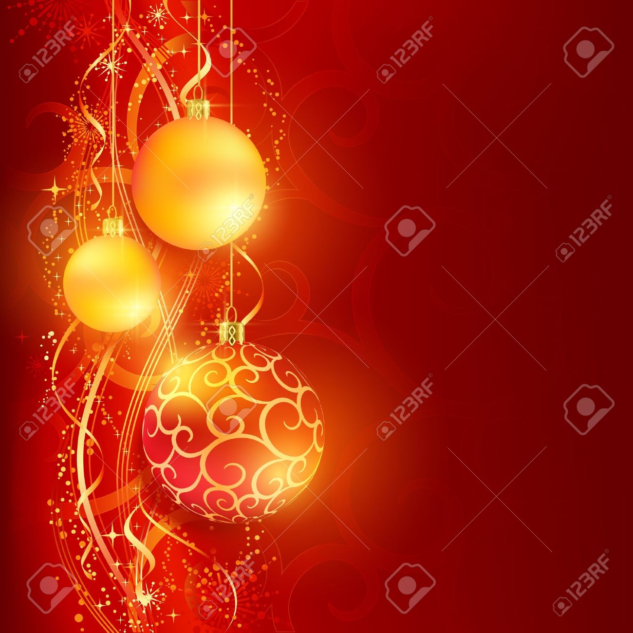 Border with red and golden Christmas balls hanging over a red, golden wavy pattern with stars and snow flakes on a dark red background. Bright, vivid and festive for the Christmas season to come. - 16080312 Border with red and golden Christmas balls hanging over a red, golden wavy pattern with stars and snow flakes on a dark red background. Bright, vivid and festive for the Christmas season to come. - 16080312
