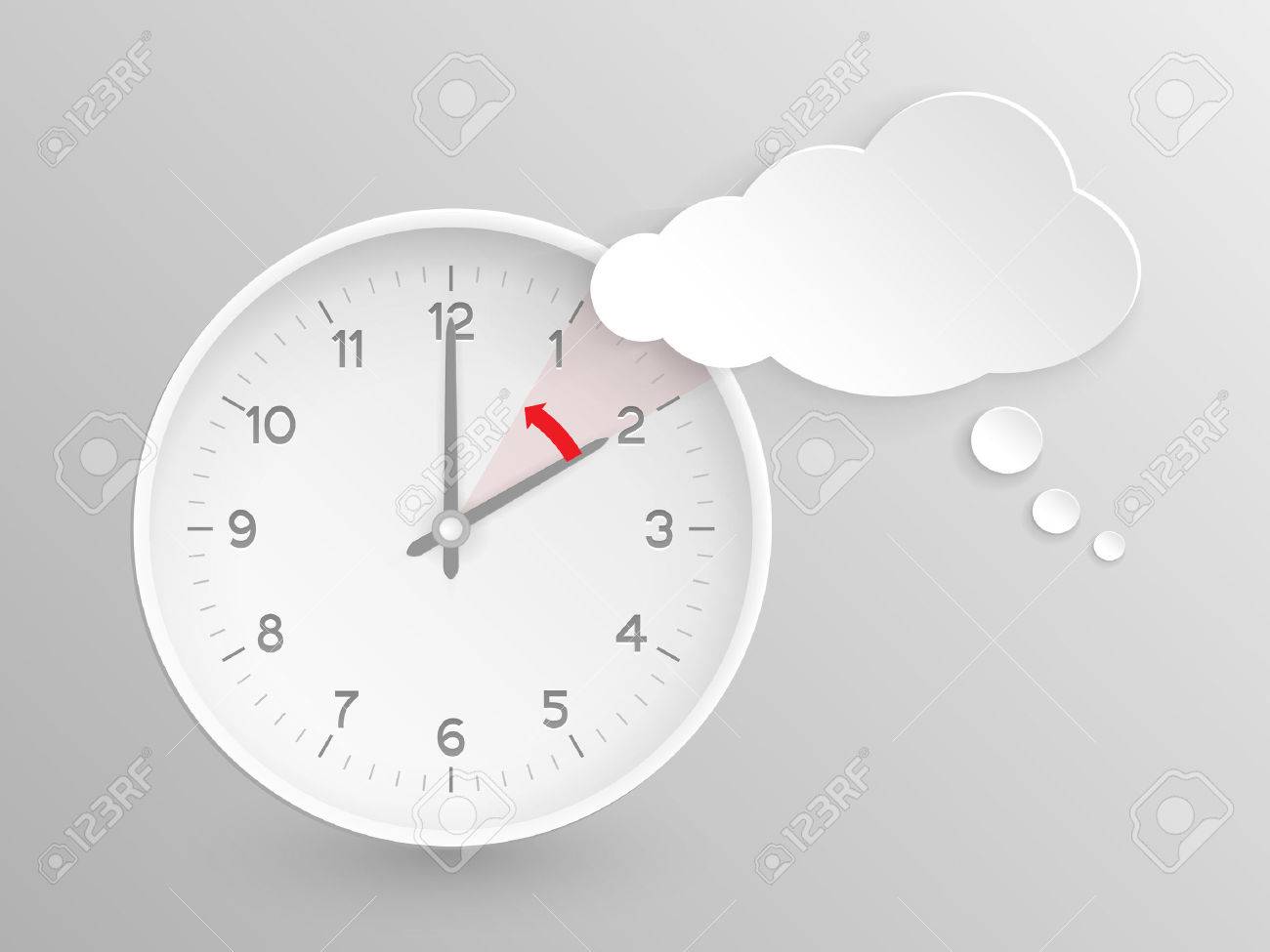 Cloud shaped speech bubble and vector clock with hands at 2 o'clock and an red arrow symbolizing the hour backward to 1 o'clock for the change of time in autumn, fall in America on silver background. - 31759525 Cloud shaped speech bubble and vector clock with hands at 2 o'clock and an red arrow symbolizing the hour backward to 1 o'clock for the change of time in autumn, fall in America on silver background. - 31759525