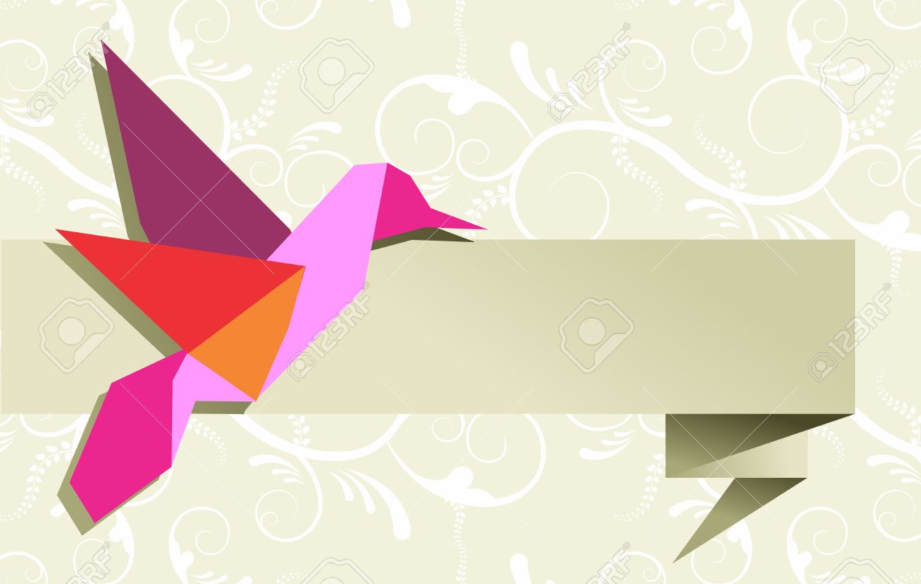 one origami hummingbird over floral design banner background