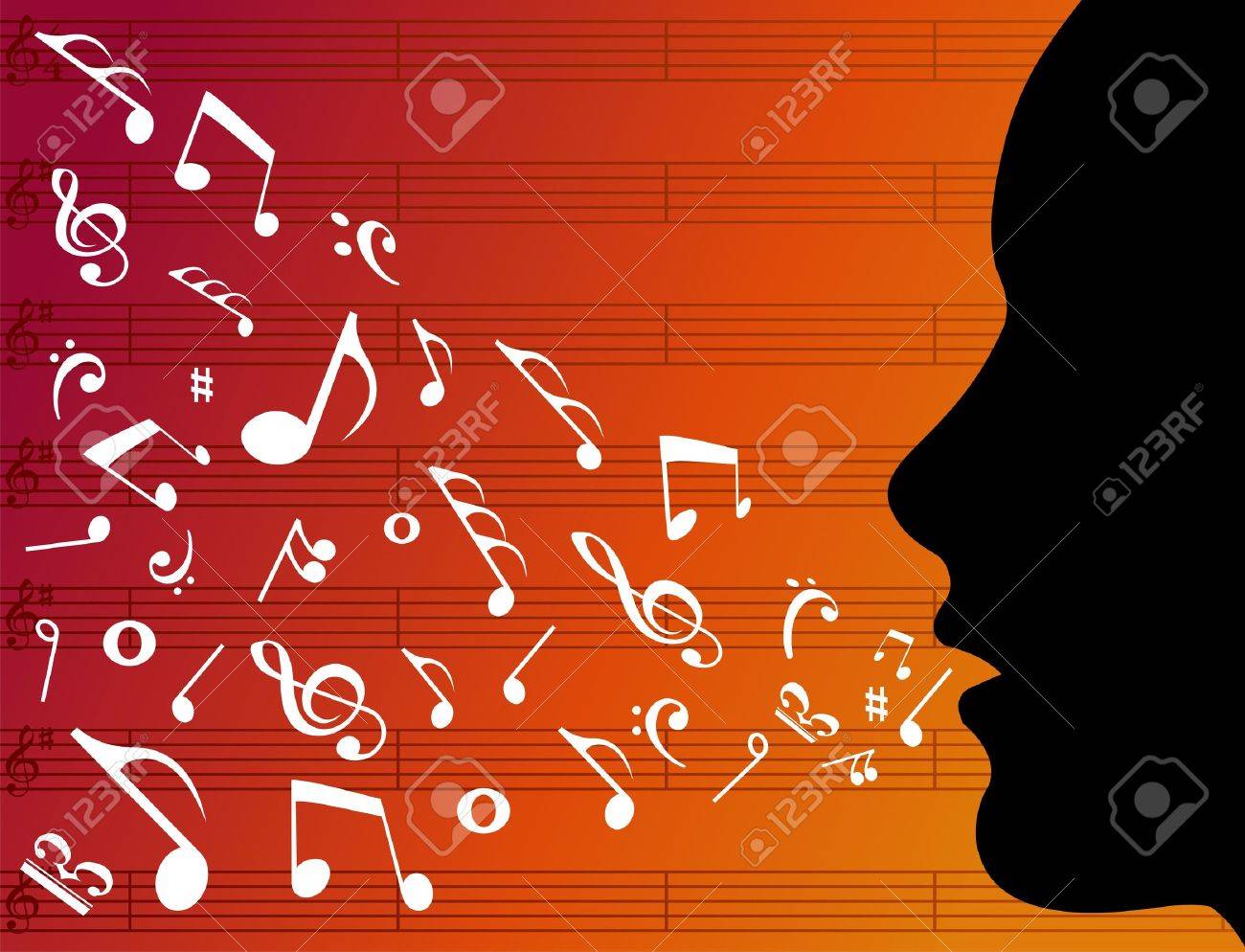 音楽の音符の女性ヘッド シルエットはオレンジ色の背景に彼女の口からはね ベクター ファイルが使用可能です のイラスト素材 ベクタ Image