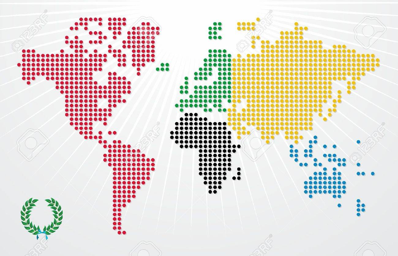 Mapa Del Mundo Con El Simbolo Olimpico Que Expresa La Actividad Del Movimiento Olimpico Y Representa La Union De Los Cinco Continentes Y El Encuentro De Los Atletas De Todo El Mundo