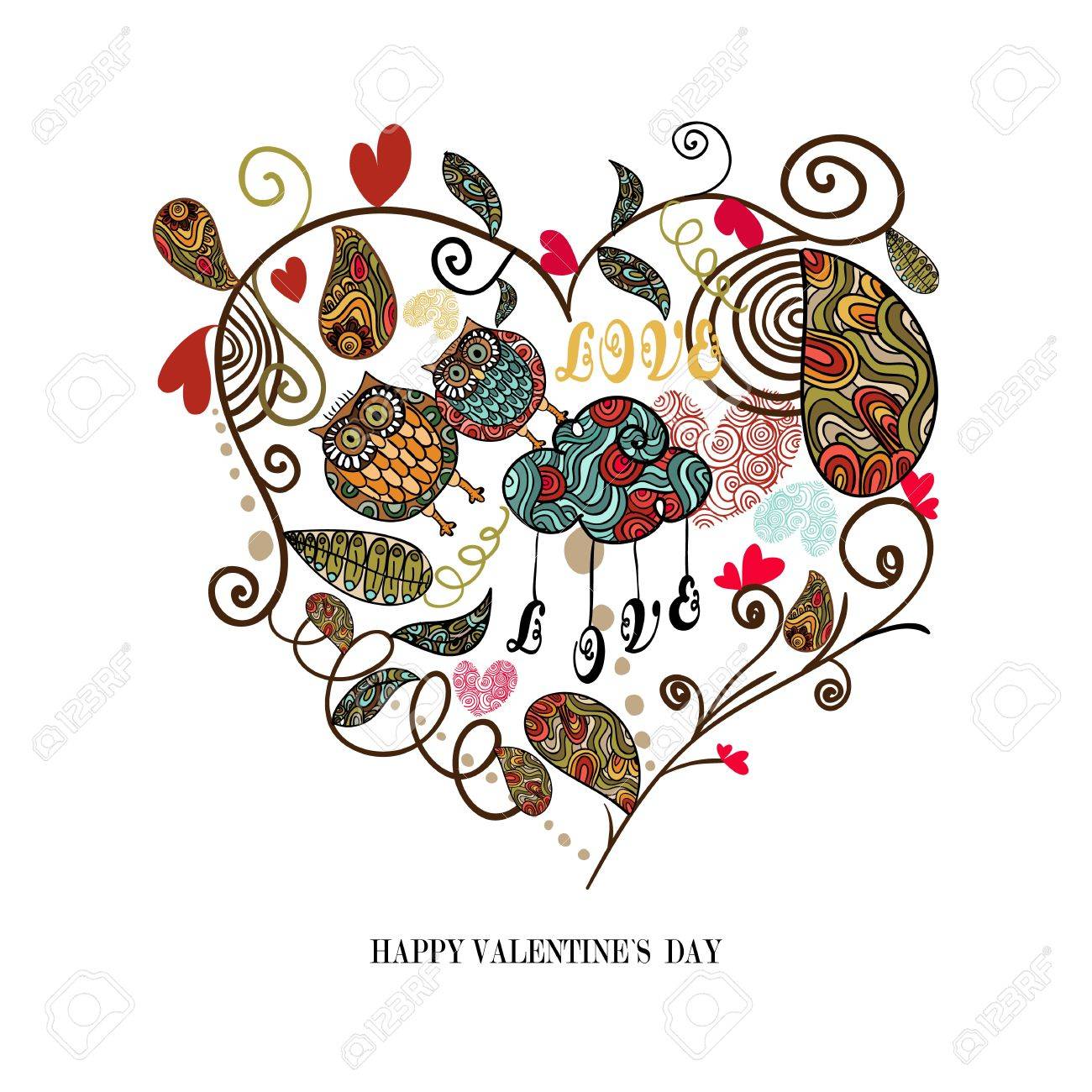 白で隔離された植物やフクロウのカップルとかわいいハート バレンタイン日 ベクトル イラストを簡単に操作およびカスタム着色層します のイラスト素材 ベクタ Image