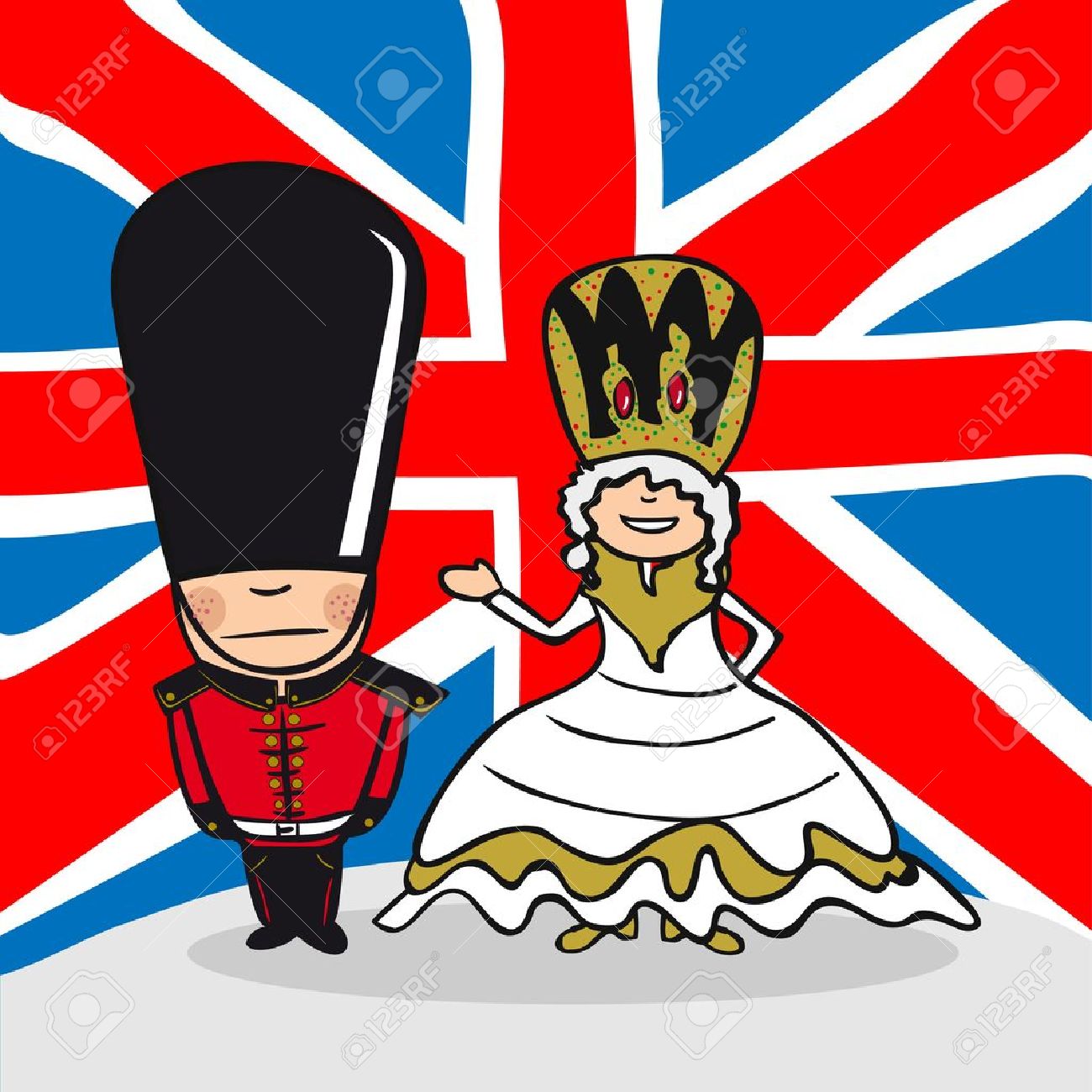 英語の男性と女性漫画のカップル国旗の背景を持つ ベクトル イラストの簡単な編集の層します のイラスト素材 ベクタ Image