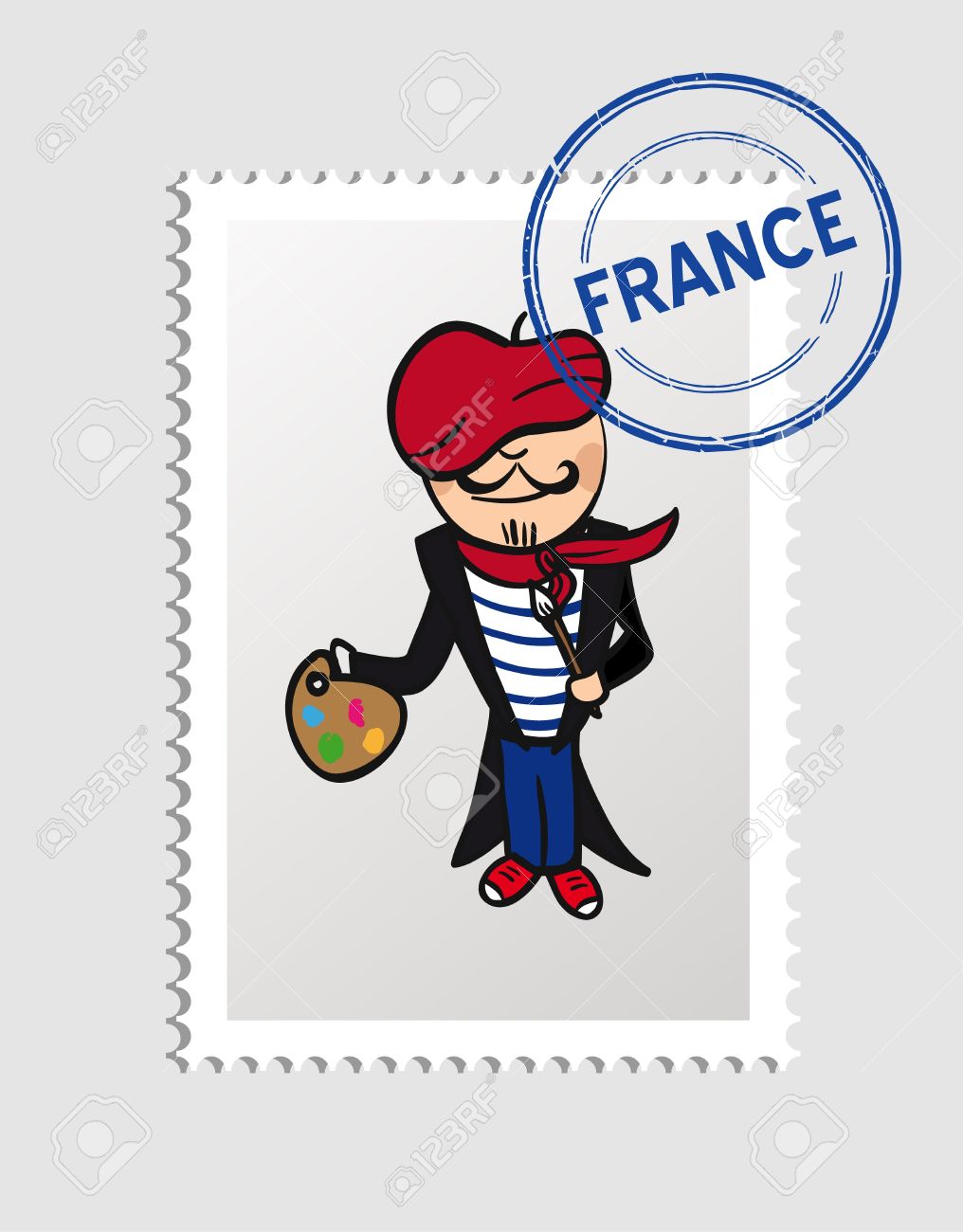 フランスの郵便スタンプを持つフランス人漫画 のイラスト素材 ベクタ Image