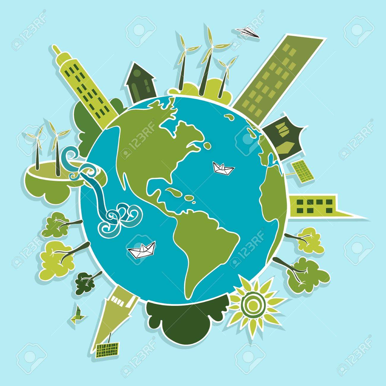 エコ フレンドリー グリーン世界木 建物 住宅 風力タービン 緑の太陽の図 ベクトル層簡単な編集のため のイラスト素材 ベクタ Image