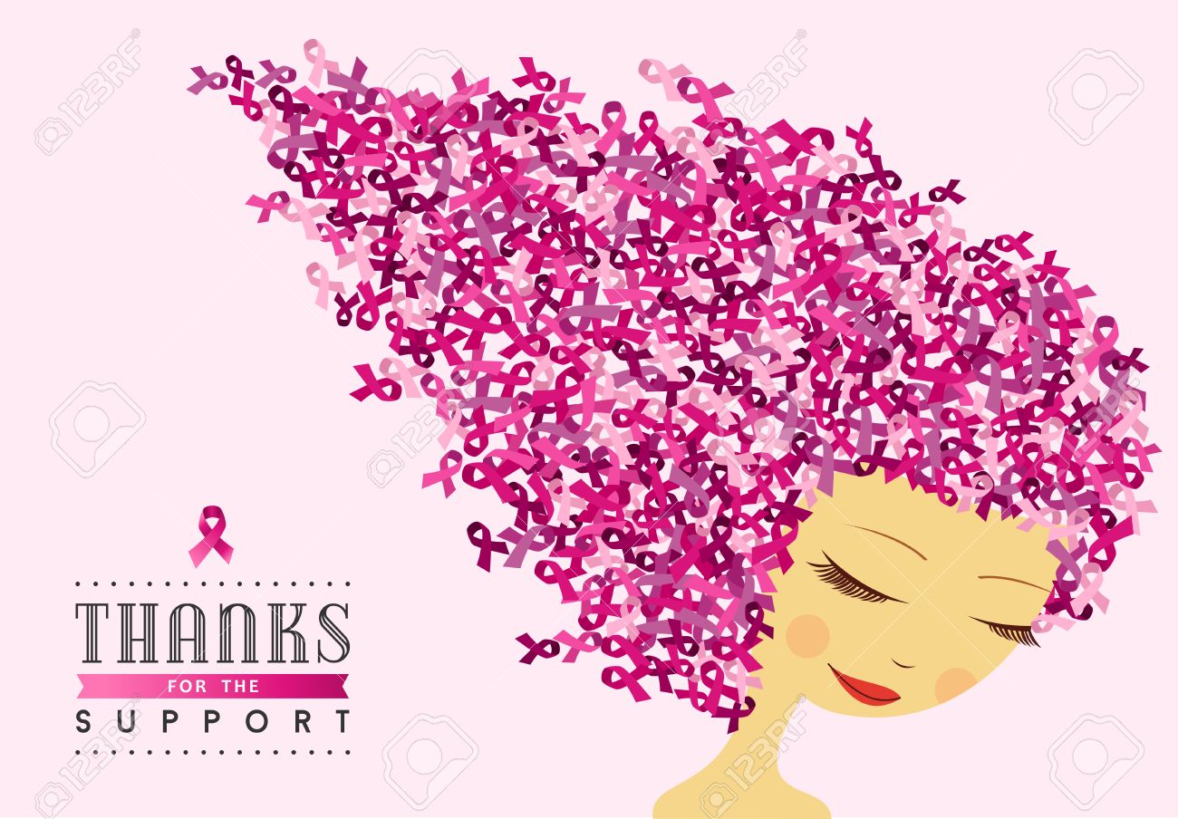 Healthy Woman Illustration Design With Pink Ribbon Hair For Breast