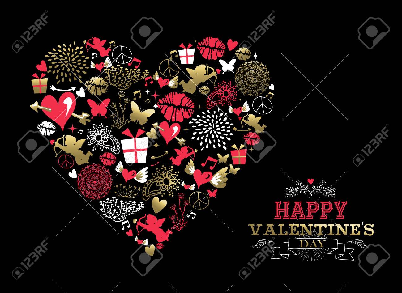 San Valentino Biglietto Di Auguri Icone Retrò Rendendo Silhouette A Forma Di Cuore In Oro E Rosa Colori Con Etichetta Di Testo Ornamentale Eps10