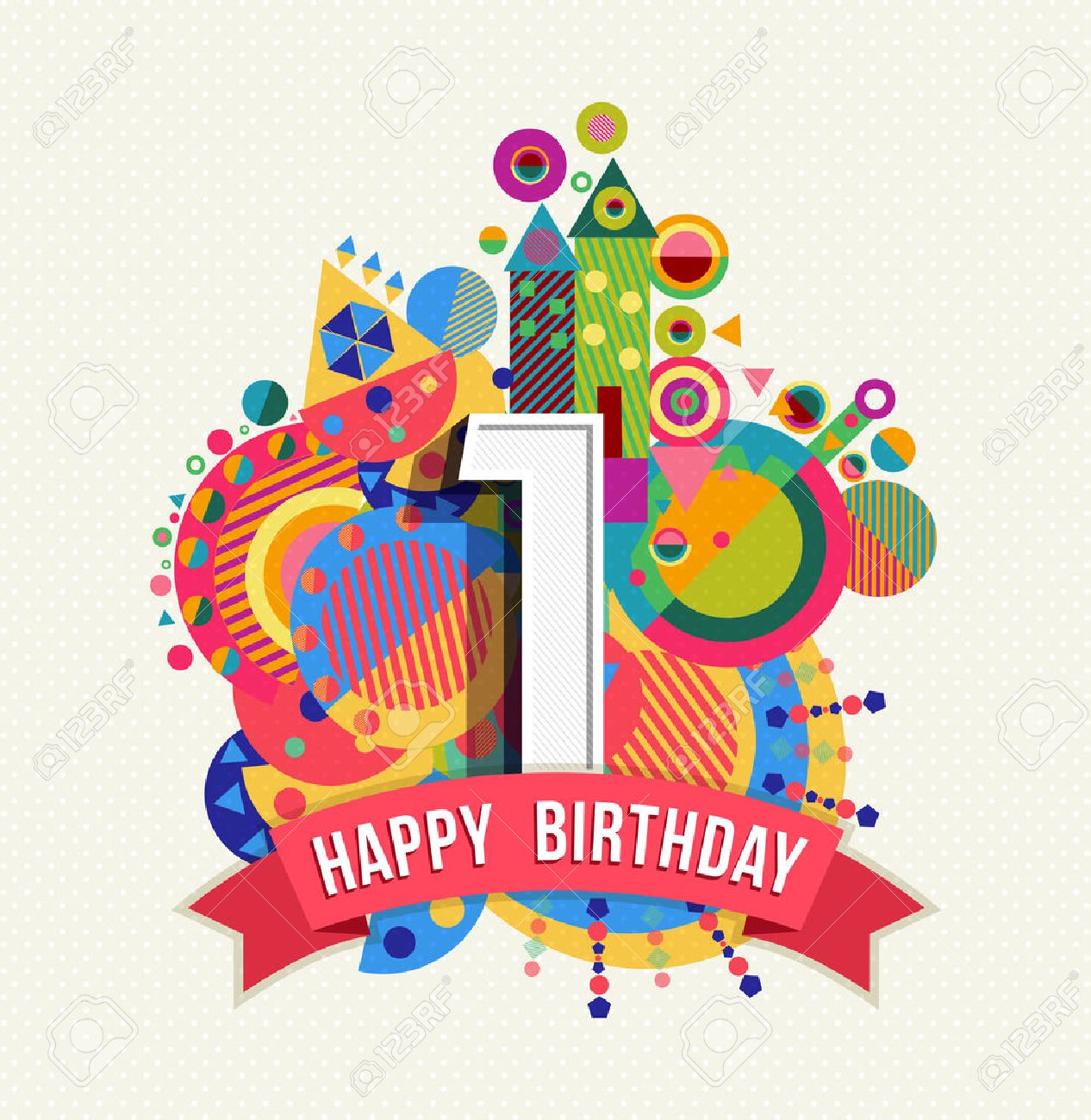 Happy Birthday one 1 year, fun design with number, text label and colorful geometry element. Ideal for poster or greeting card. EPS10 vector. - 50199042 Happy Birthday one 1 year, fun design with number, text label and colorful geometry element. Ideal for poster or greeting card. EPS10 vector. - 50199042