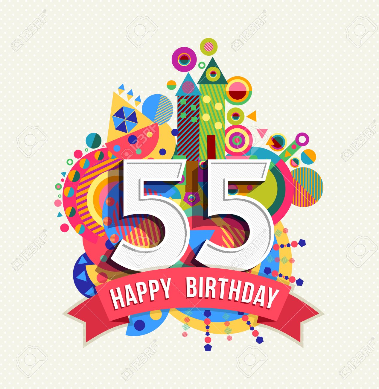 Happy Birthday fifty five 55 year, fun celebration greeting card with number, text label